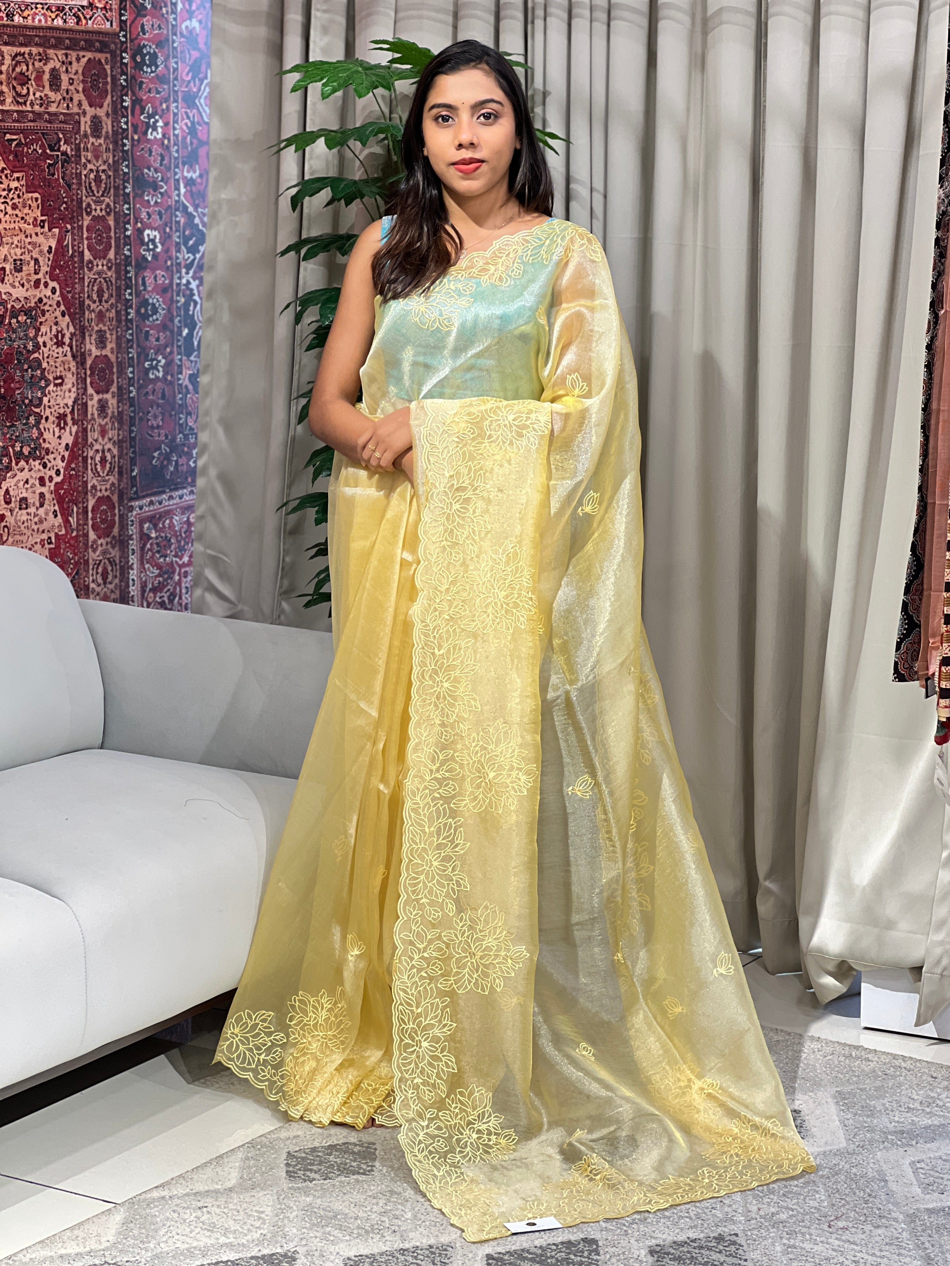 Floral Machine Embroidery Detailed Shimmer Organza Saree | BLD1521