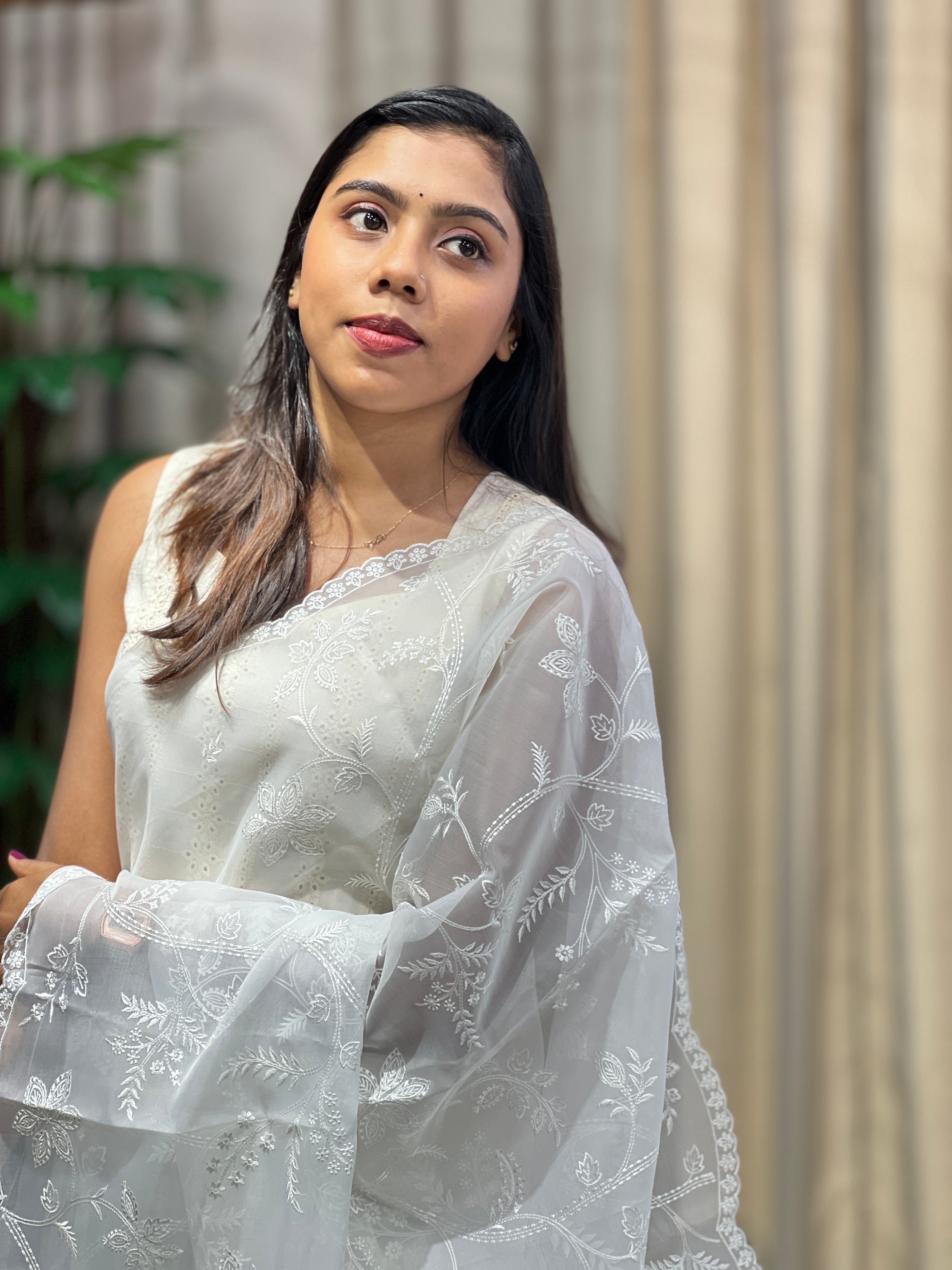 Floral Machine Embroidered Organza Saree | PKS135