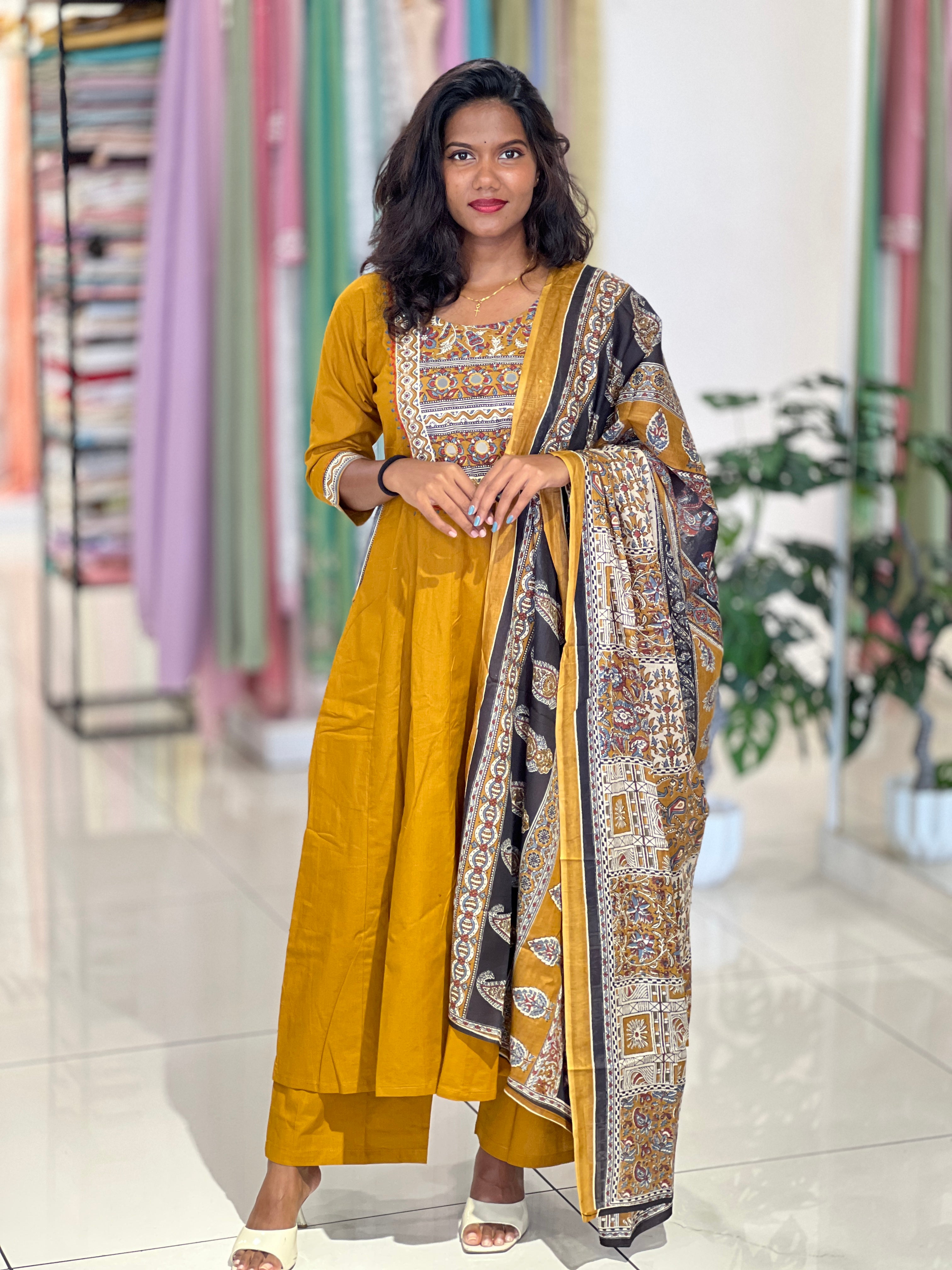 Floral Printed Kantha & Work Detailed Cotton Kurta Set |OMF138
