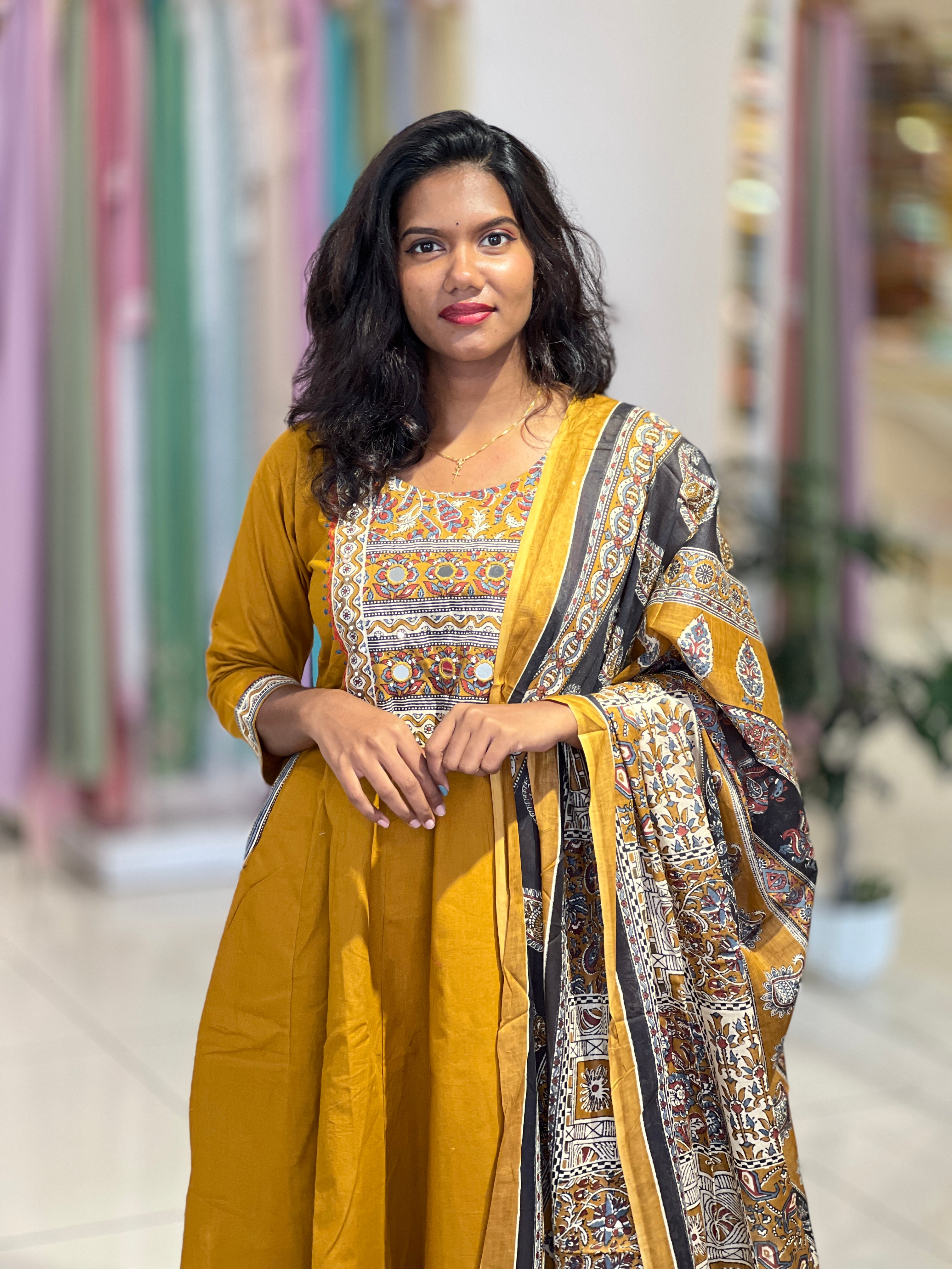 Floral Printed Kantha & Work Detailed Cotton Kurta Set |OMF138