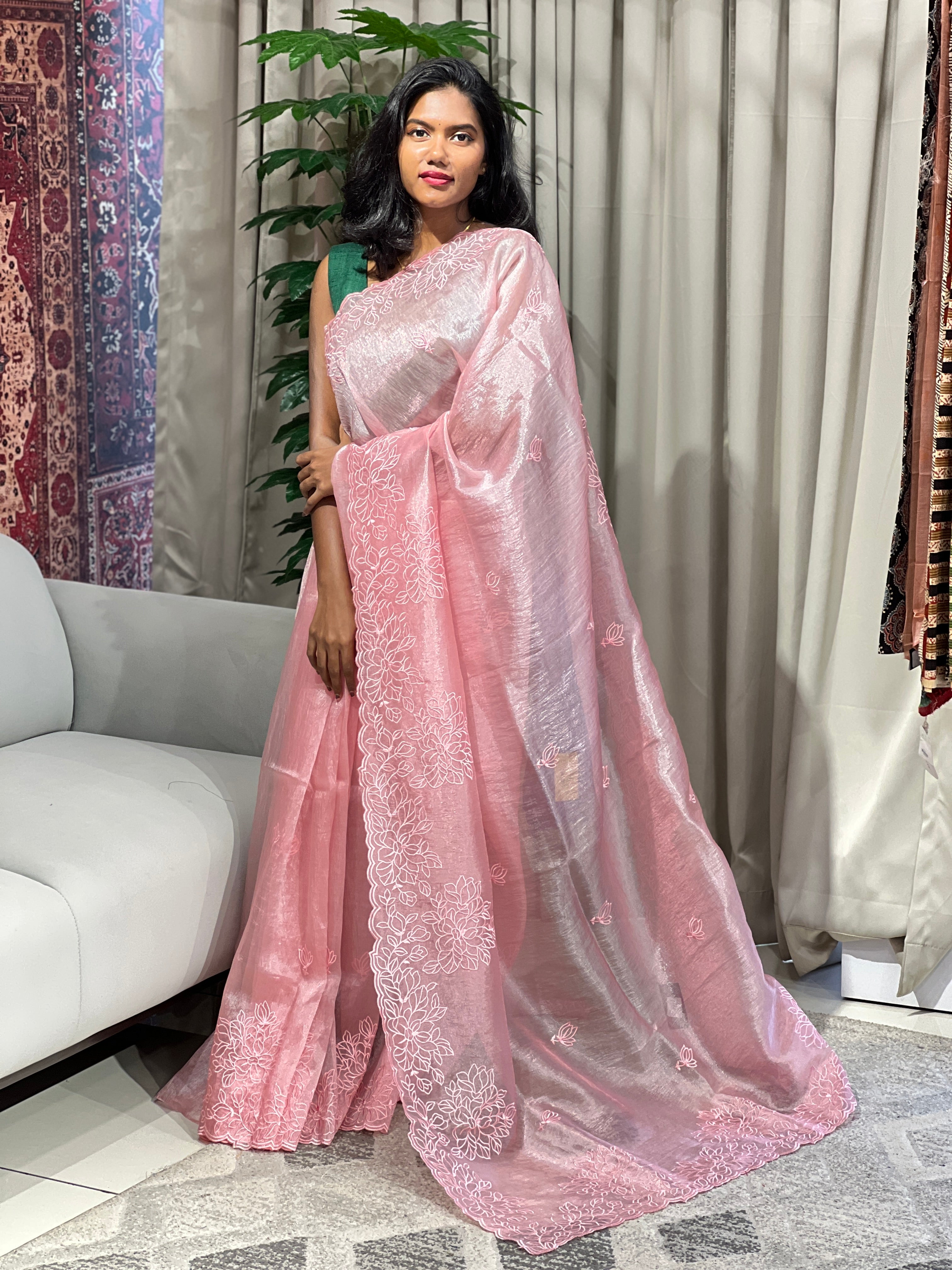 Floral Machine Embroidery Detailed Shimmer Organza Saree | BLD1522