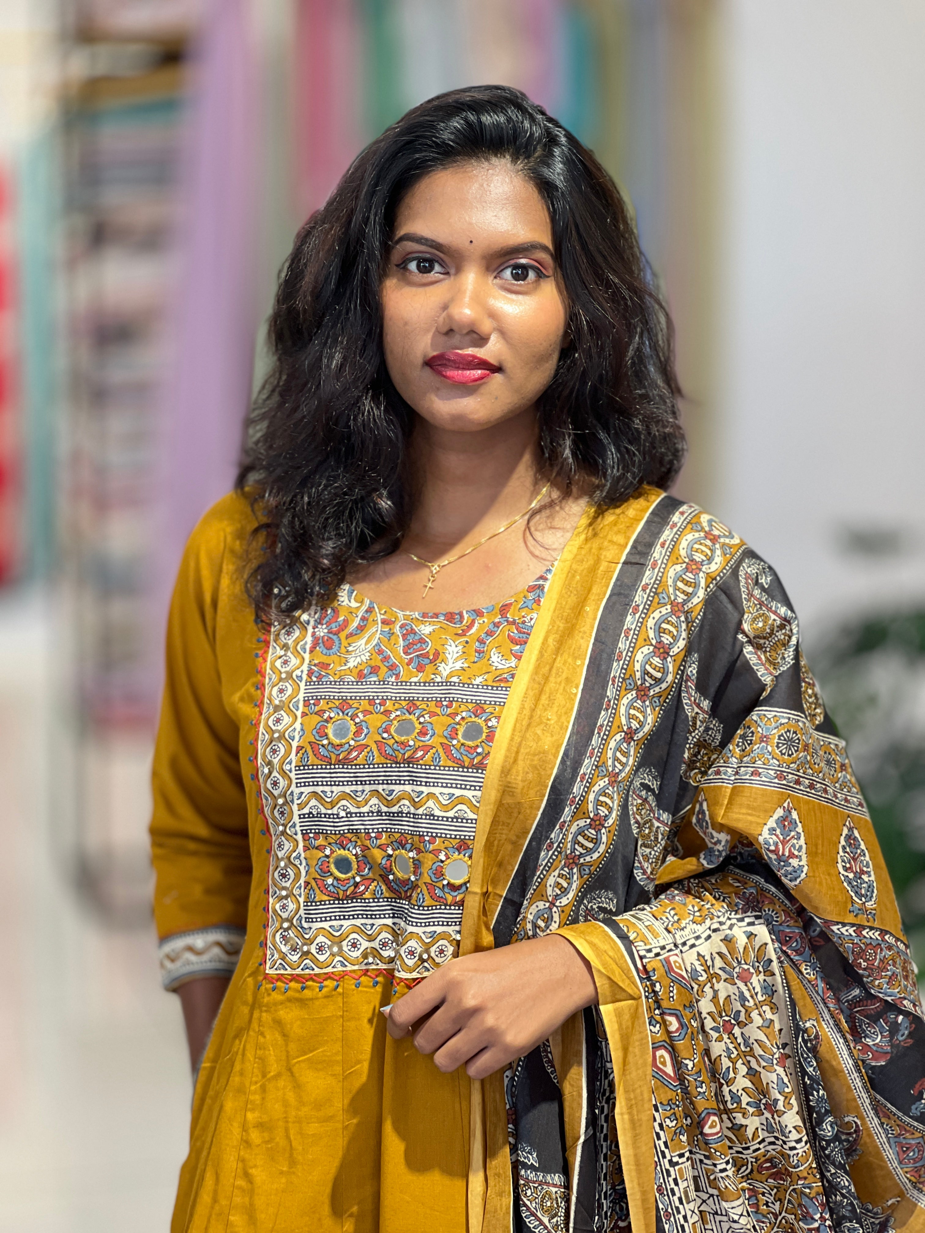 Floral Printed Kantha & Work Detailed Cotton Kurta Set |OMF138