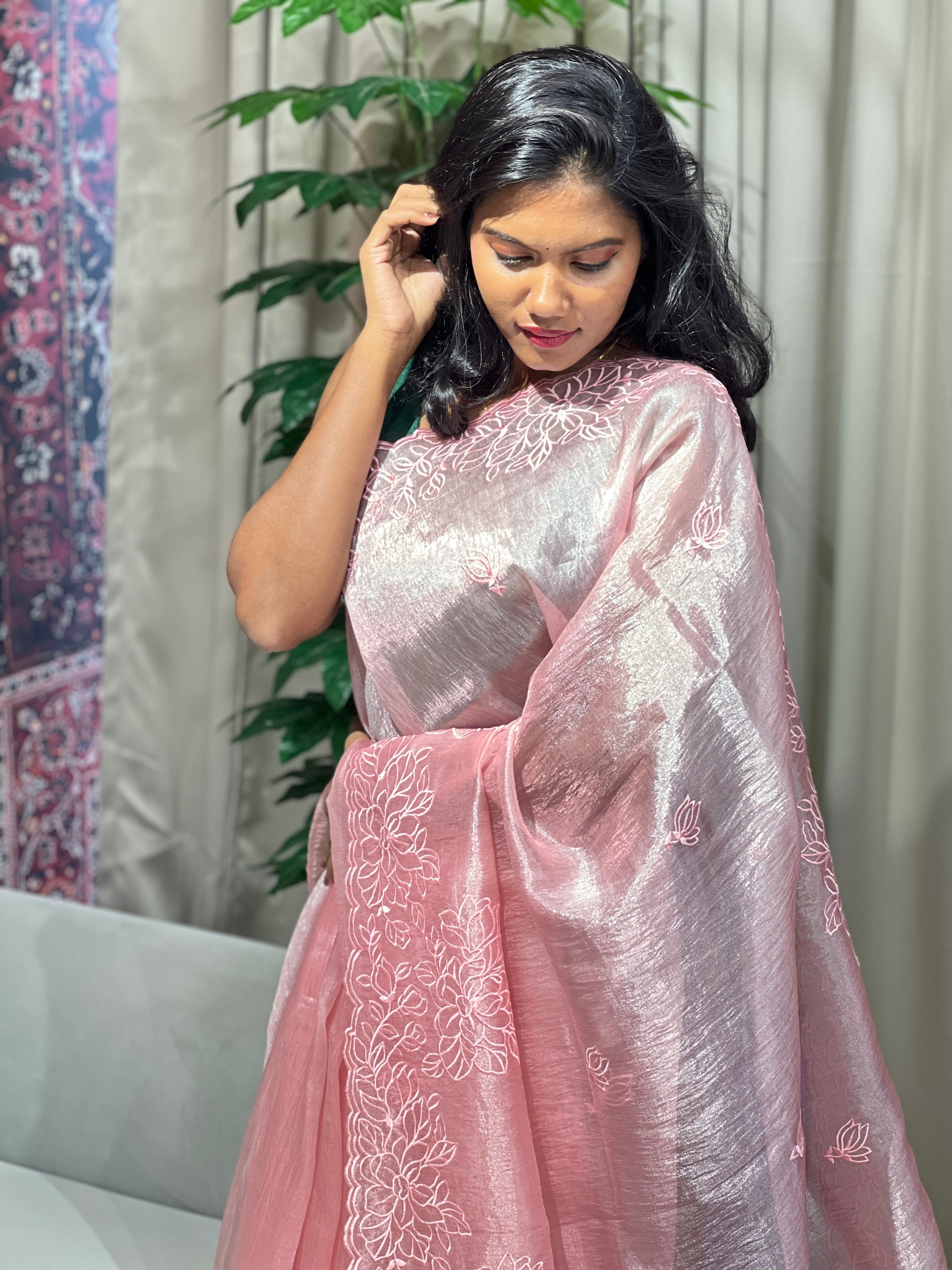 Floral Machine Embroidery Detailed Shimmer Organza Saree | BLD1522
