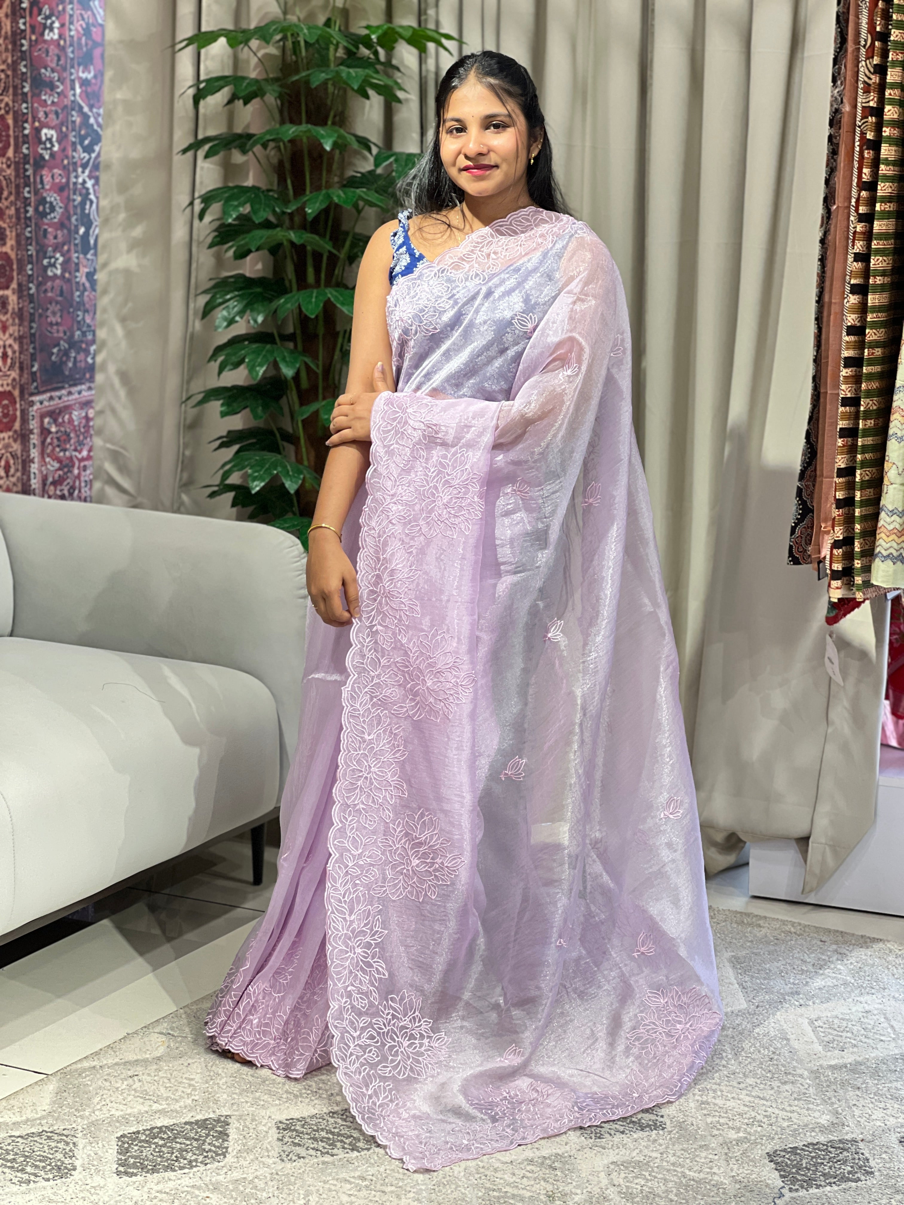 Floral Machine Embroidery Detailed Shimmer Organza Saree | BLD1524