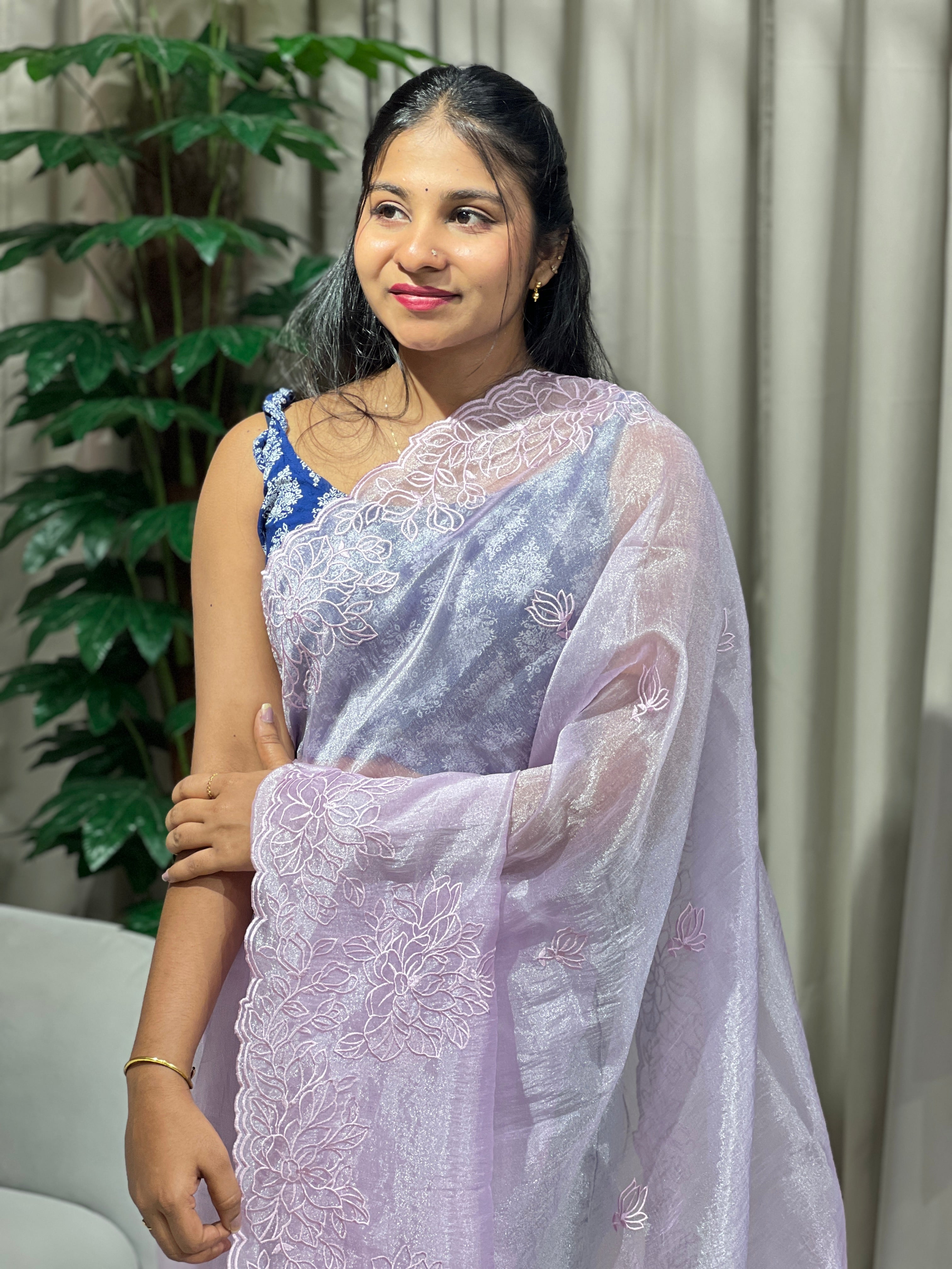 Floral Machine Embroidery Detailed Shimmer Organza Saree | BLD1524