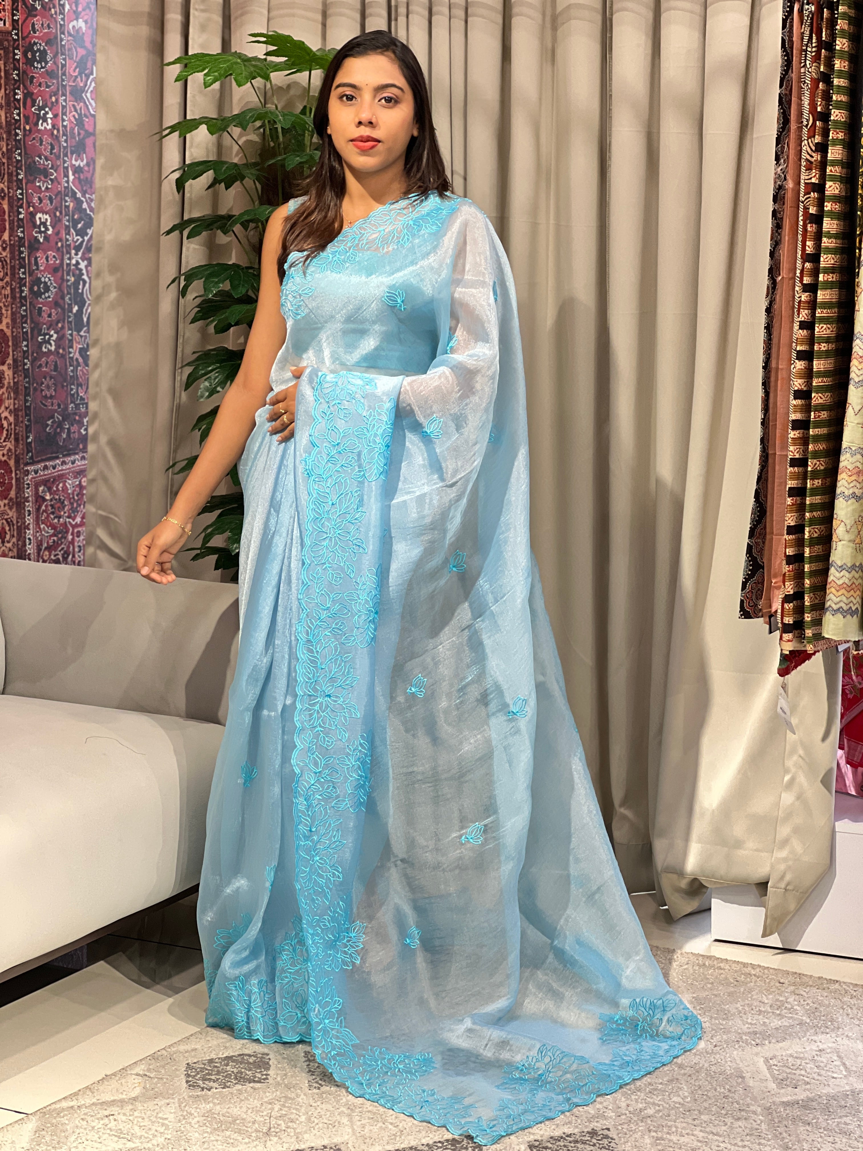 Floral Machine Embroidery Detailed Shimmer Organza Saree | BLD1520