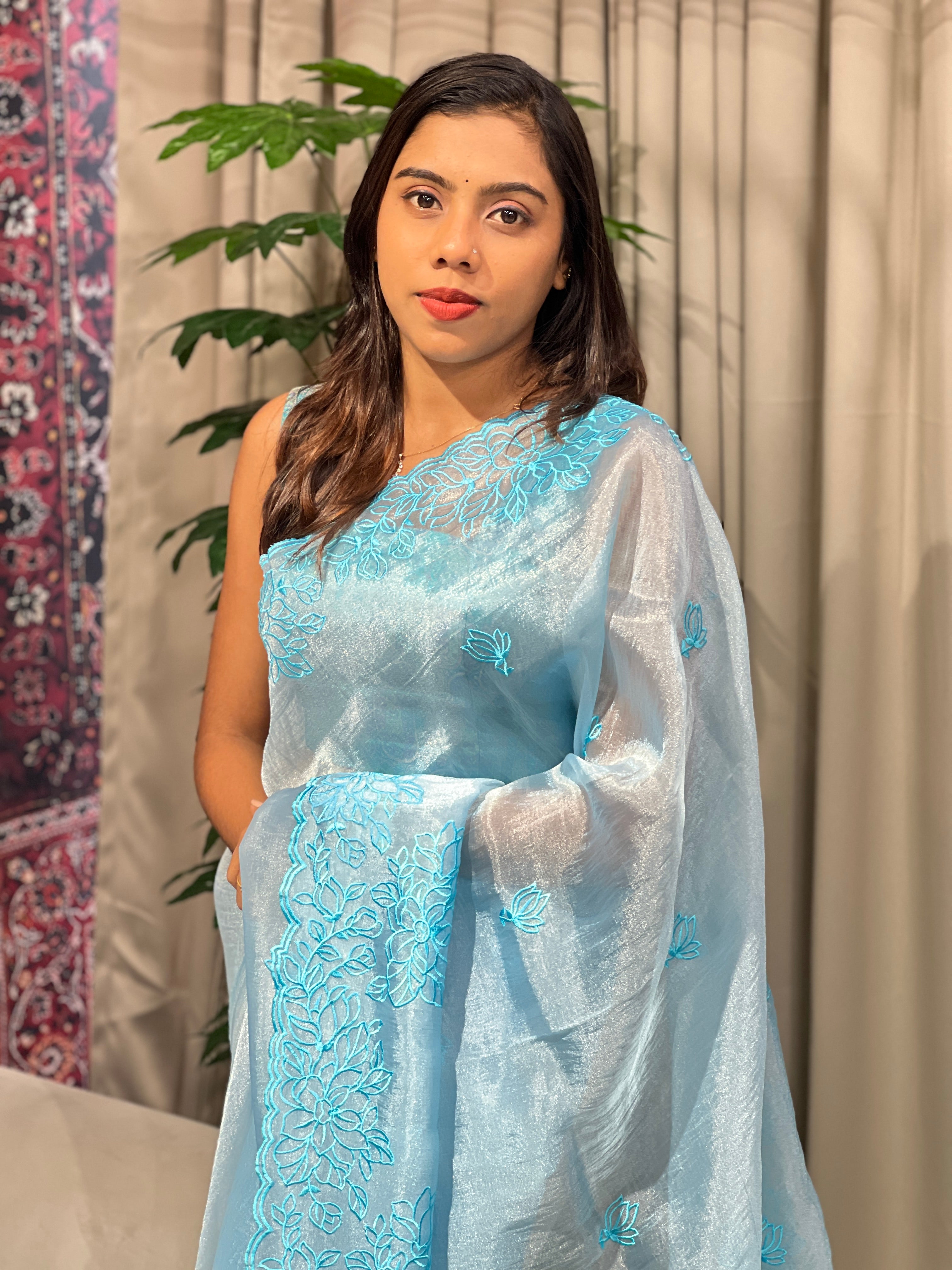 Floral Machine Embroidery Detailed Shimmer Organza Saree | BLD1520