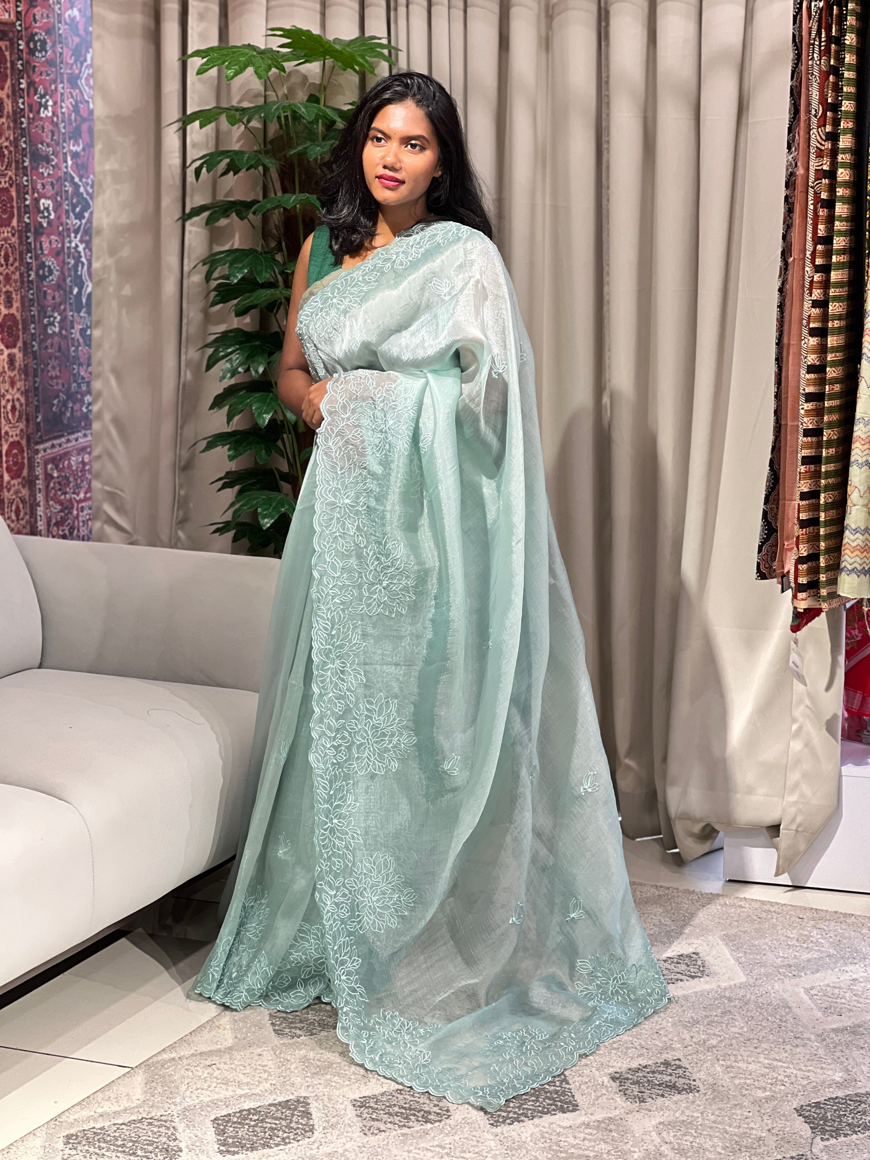 Floral Machine Embroidery Detailed Shimmer Organza Saree | BLD1519