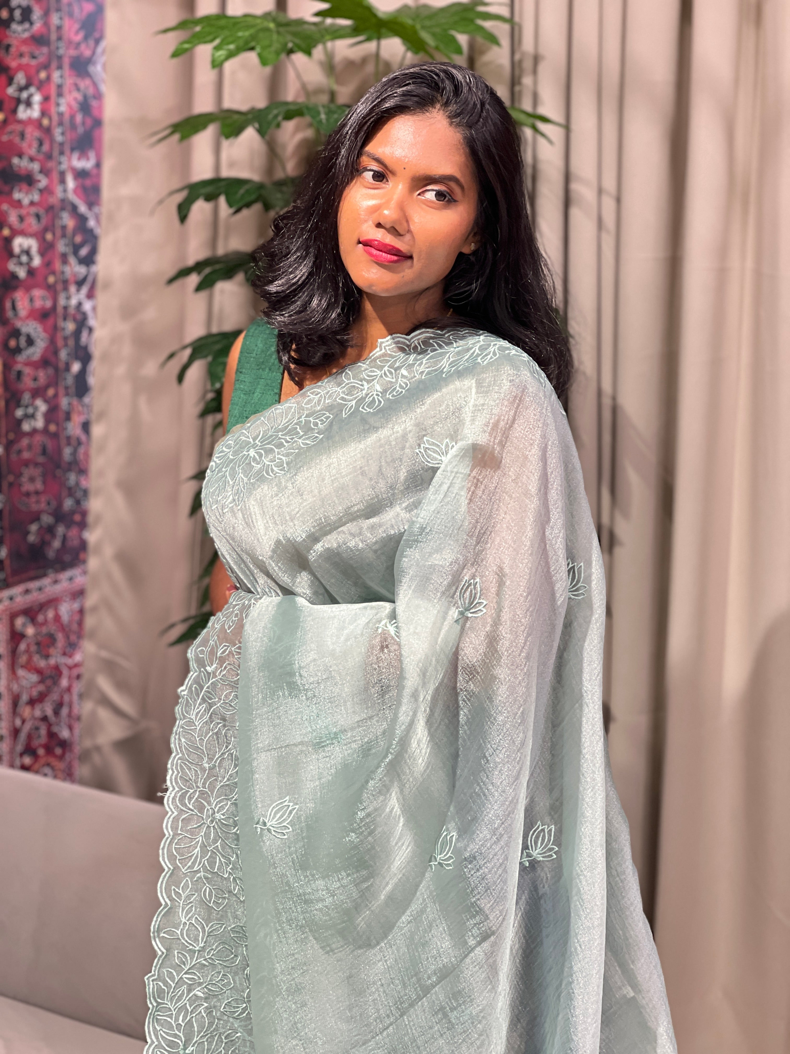 Floral Machine Embroidery Detailed Shimmer Organza Saree | BLD1519