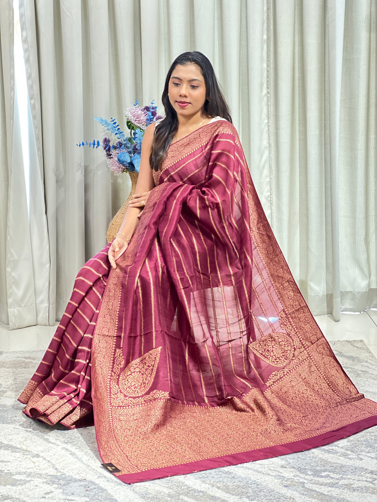 Vertical Line Pattern Semi Tussar Saree | YNG1776