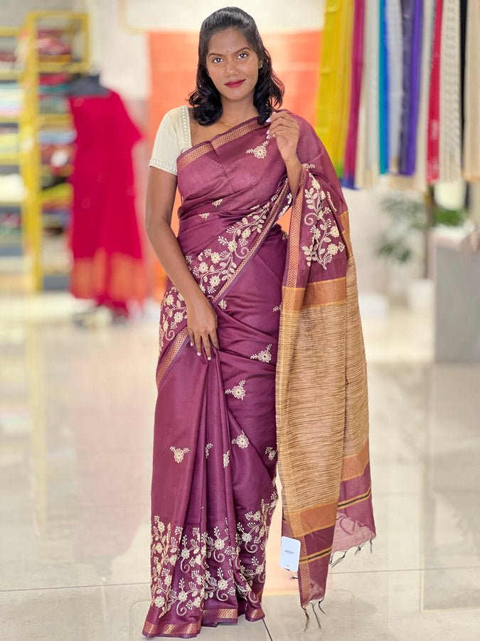 Floral Embroidery Bhagalpuri Linen Saree | NHH458