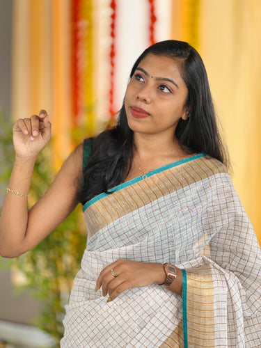Zari Check Patterned Linen Saree | SK446