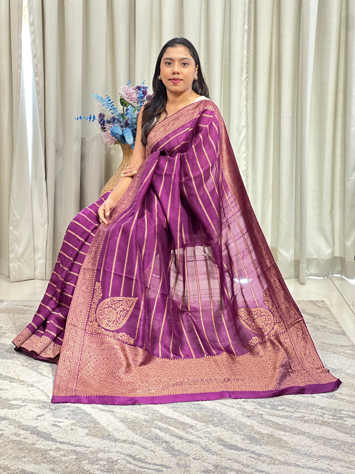 Vertical Line Pattern Semi Tussar Saree | YNG1777