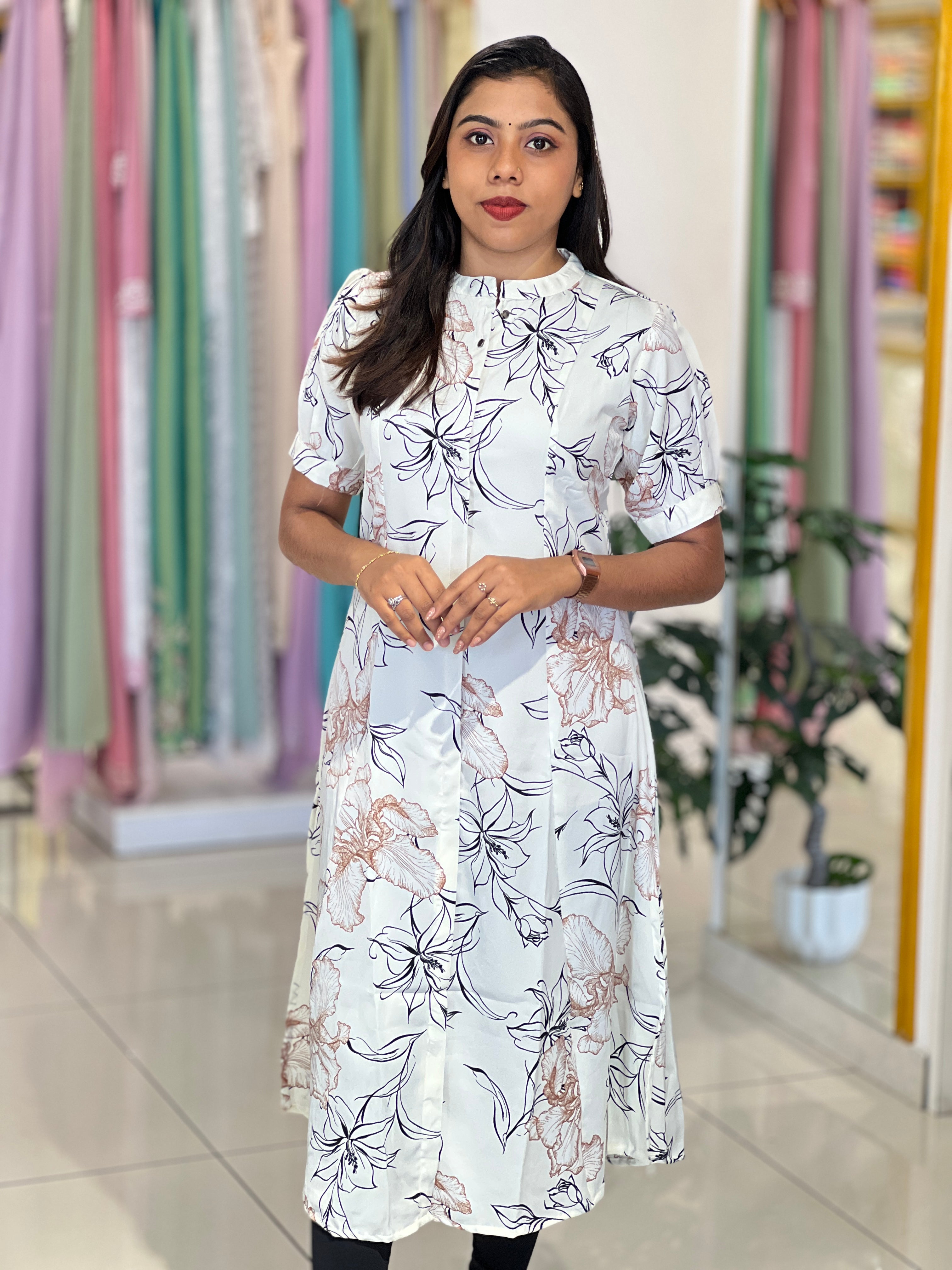 Floral & Leaf Line Art Print Muslin Kurta |UNM154