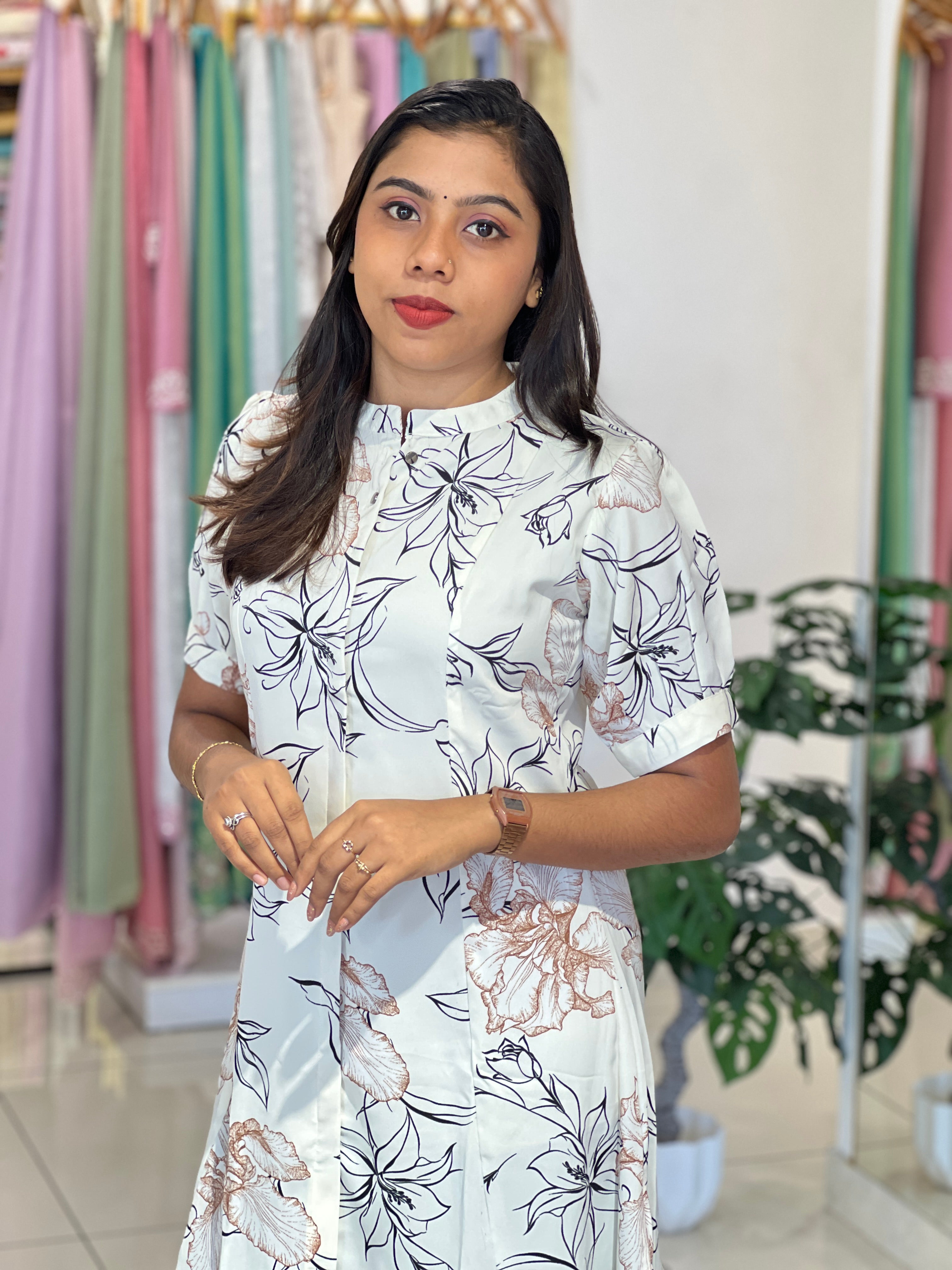 Floral & Leaf Line Art Print Muslin Kurta |UNM154