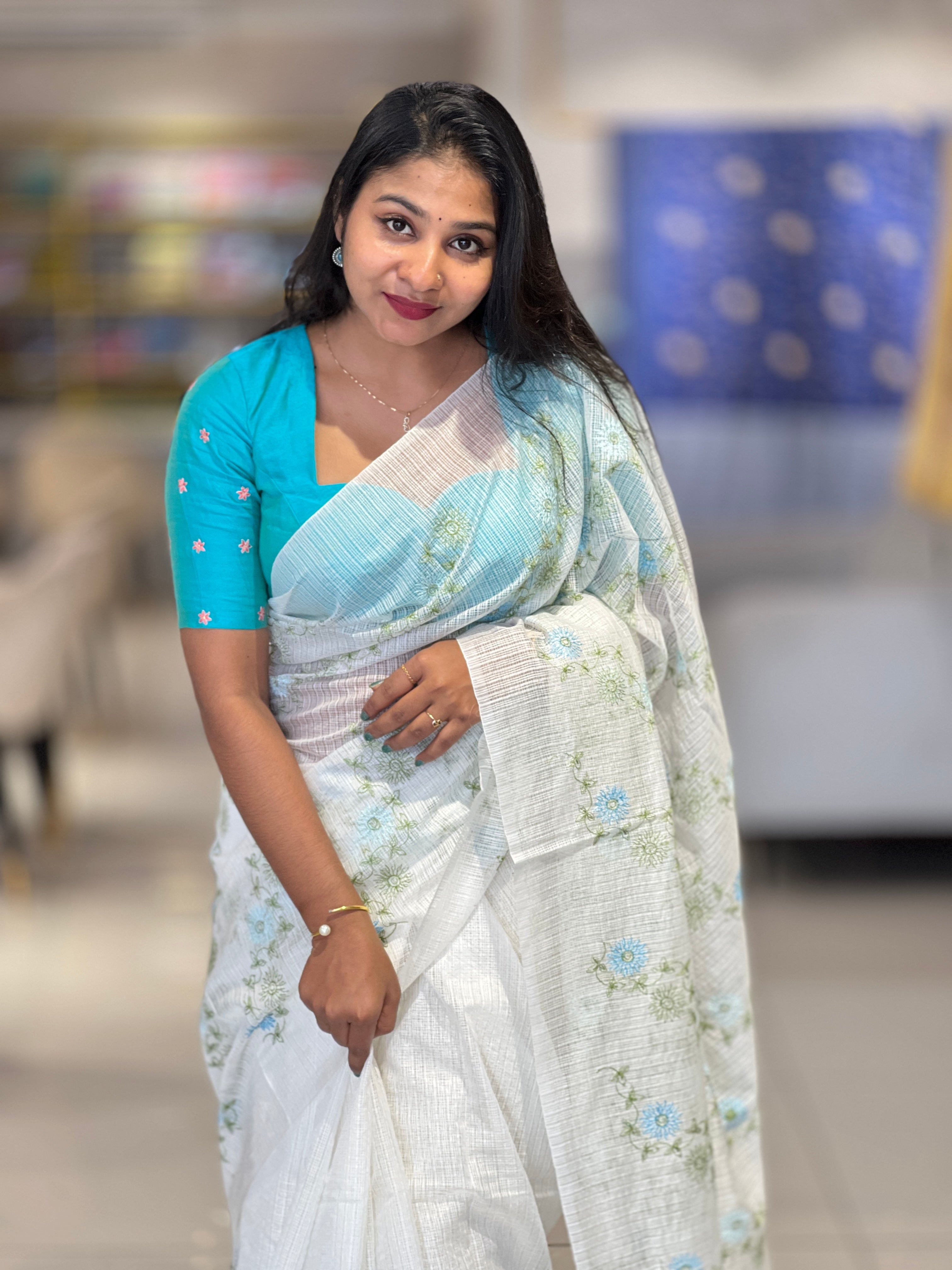 Floral Machine Embroidery Detailed Silky Kota Saree | NHH522