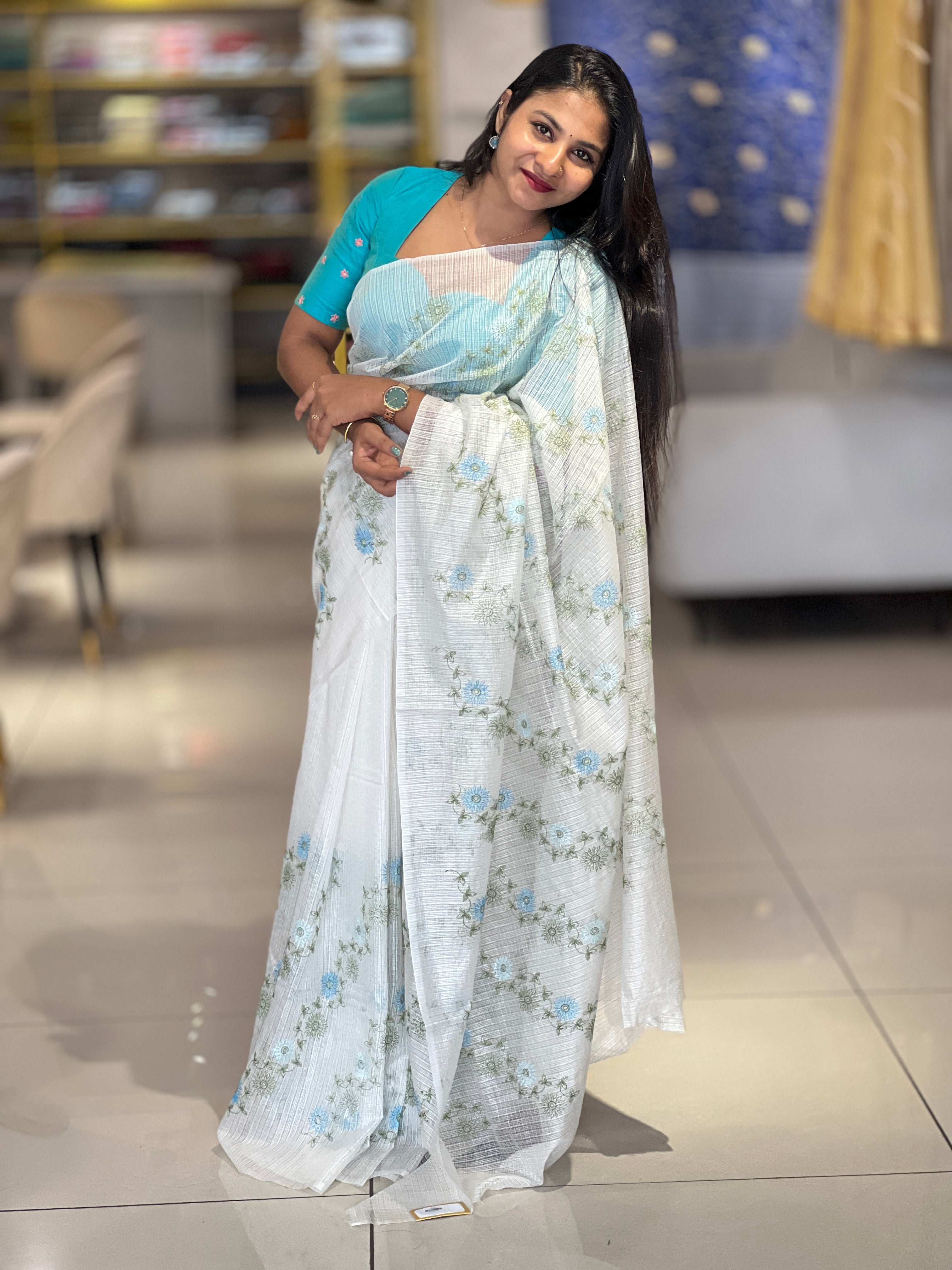 Floral Machine Embroidery Detailed Silky Kota Saree | NHH522