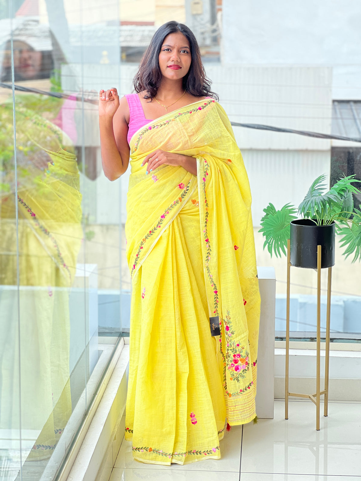 Floral Embroidered Bhagalpuri Linen Saree | RP886 – Aham Designer Boutique