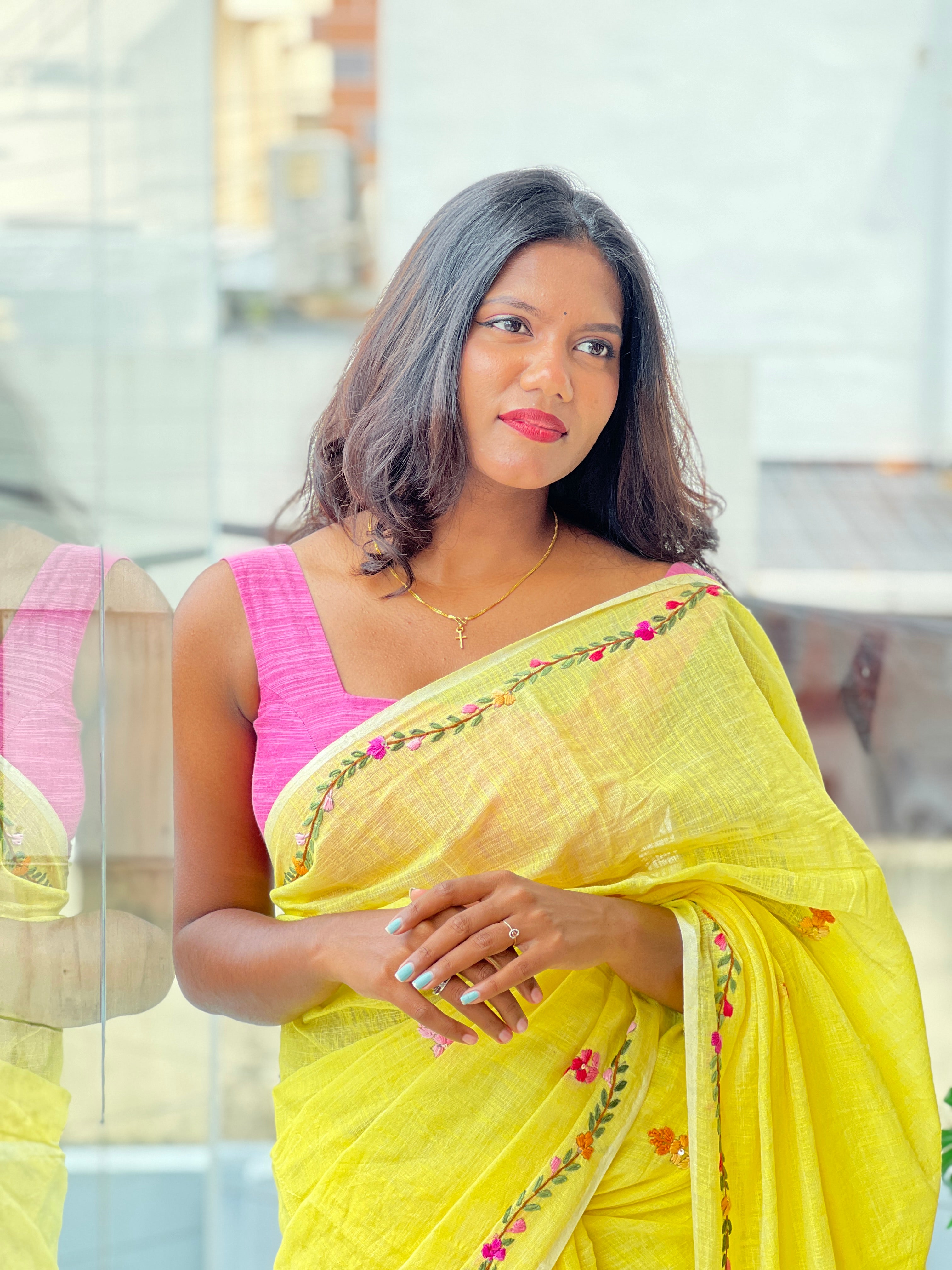 Floral Embroidered Bhagalpuri Linen Saree | RP886 – Aham Designer Boutique