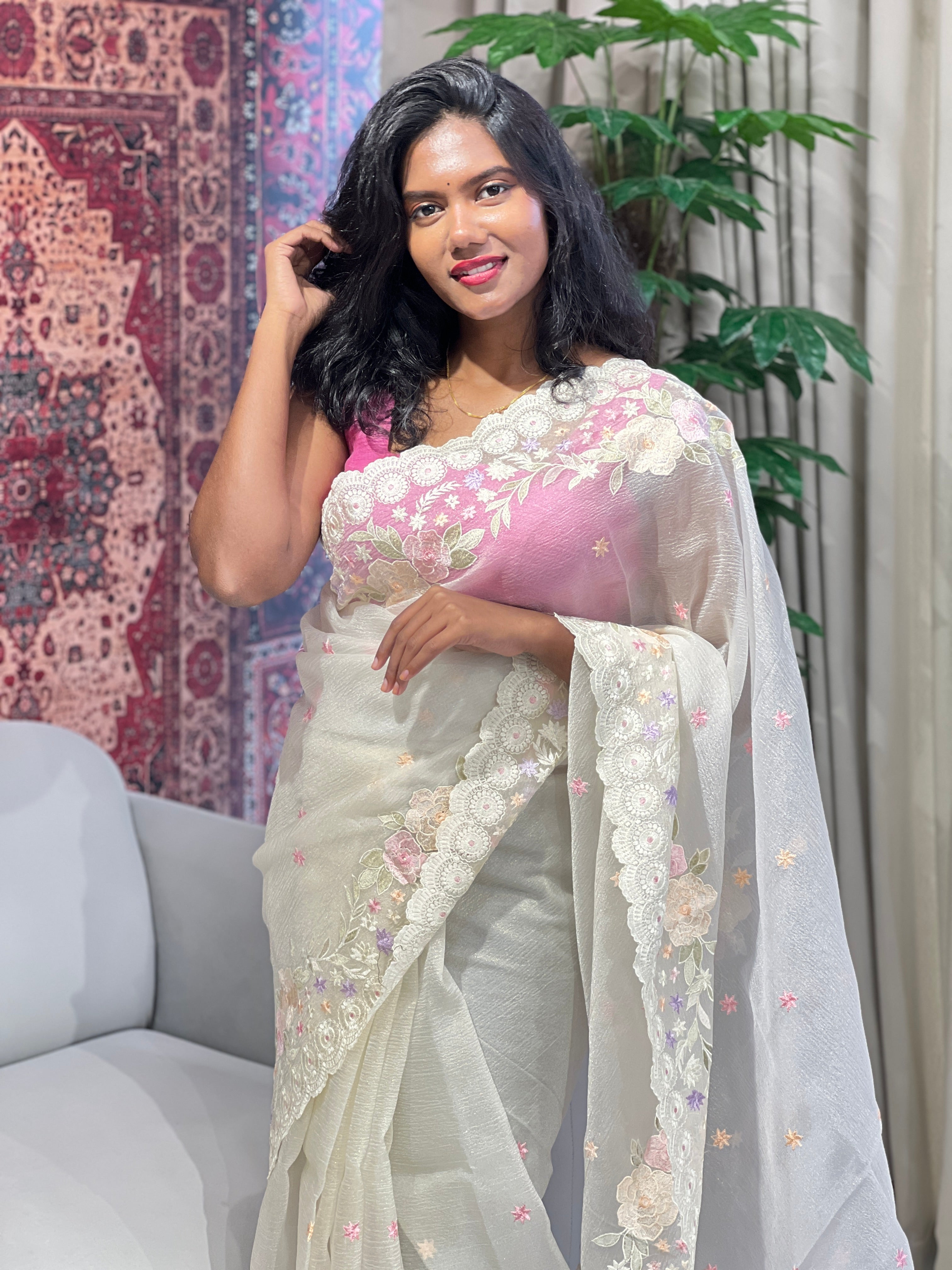 Floral Machine Embroidery Detailed Crushed Shimmer Organza Saree | BLD1550