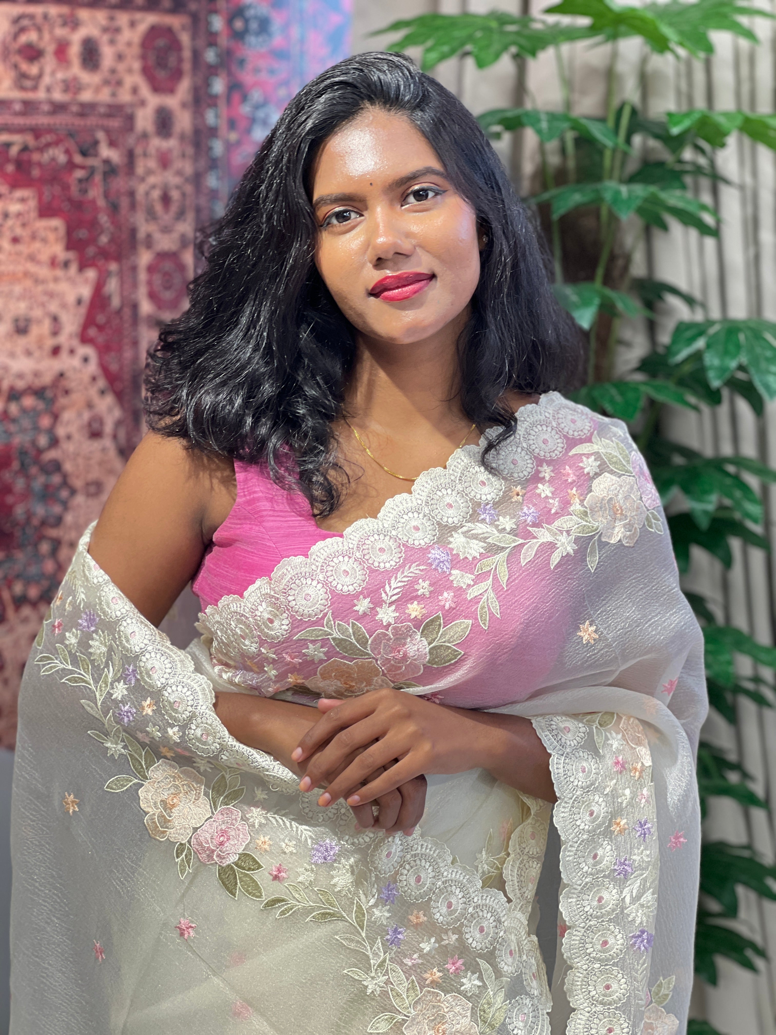 Floral Machine Embroidery Detailed Crushed Shimmer Organza Saree | BLD1550