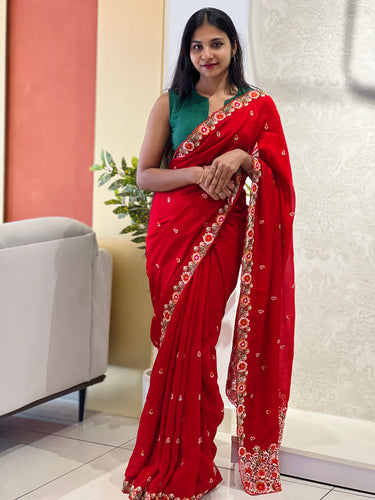 Embroidery Border Patterned Vichitra Silk Saree | RP530