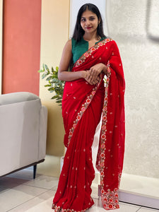 Embroidery Border Patterned Vichitra Silk Saree | RP530