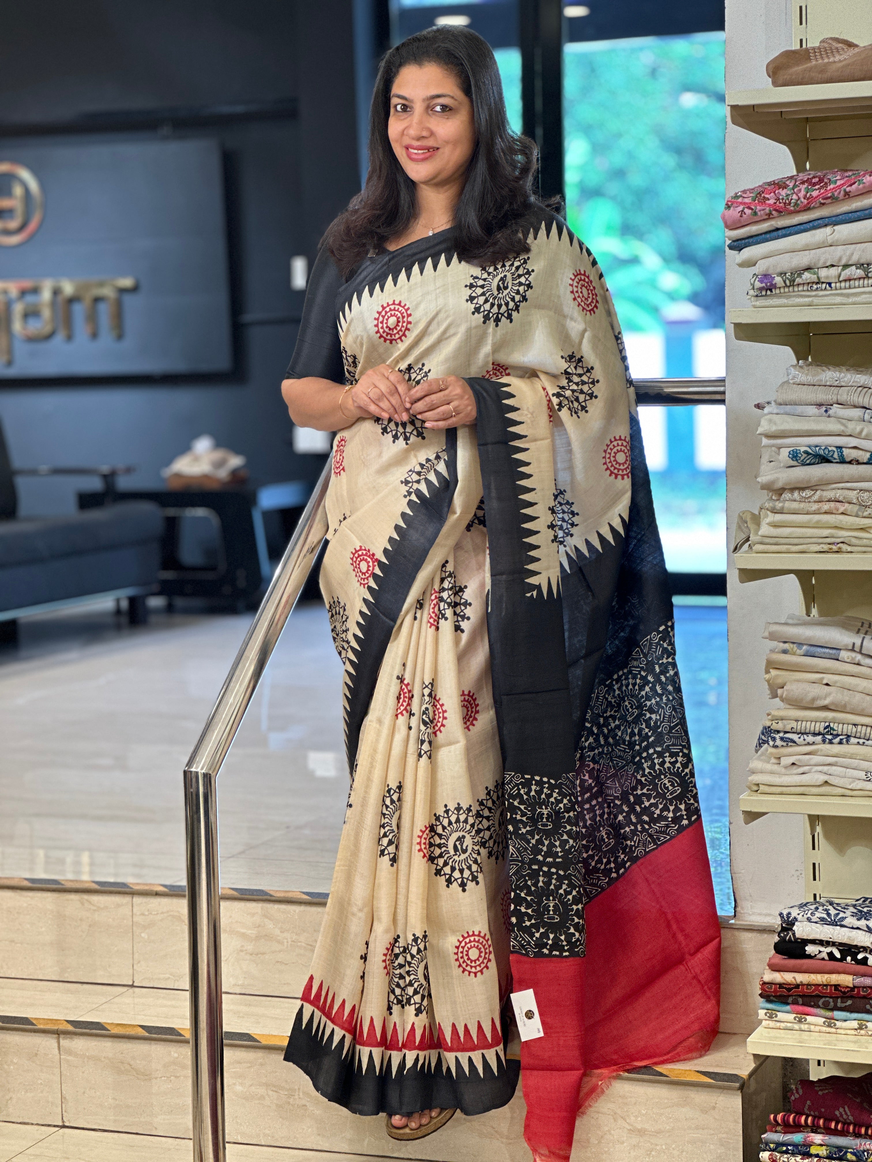 Hand Block Warli Printed Pure Desi Tussar Saree | AYD176