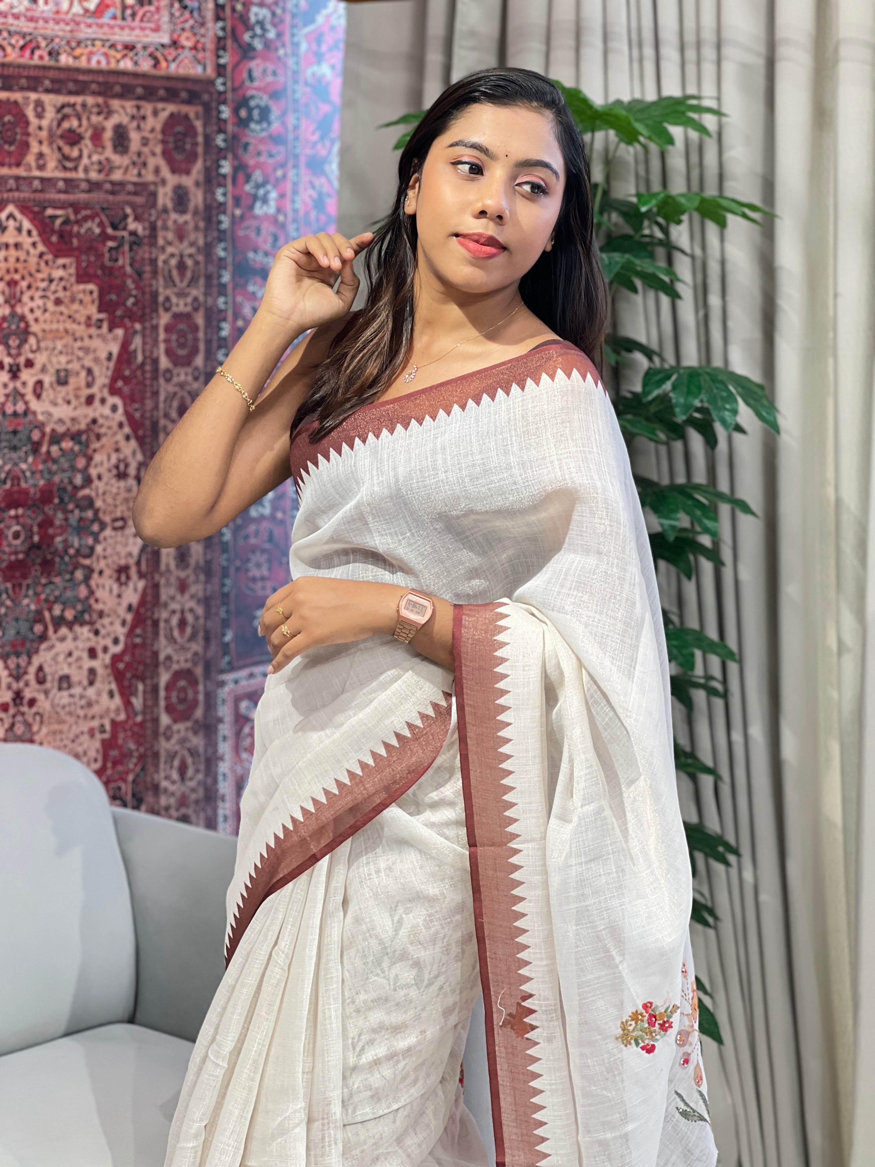 Embroidery Detailed Tissue Linen Saree | BLD1541