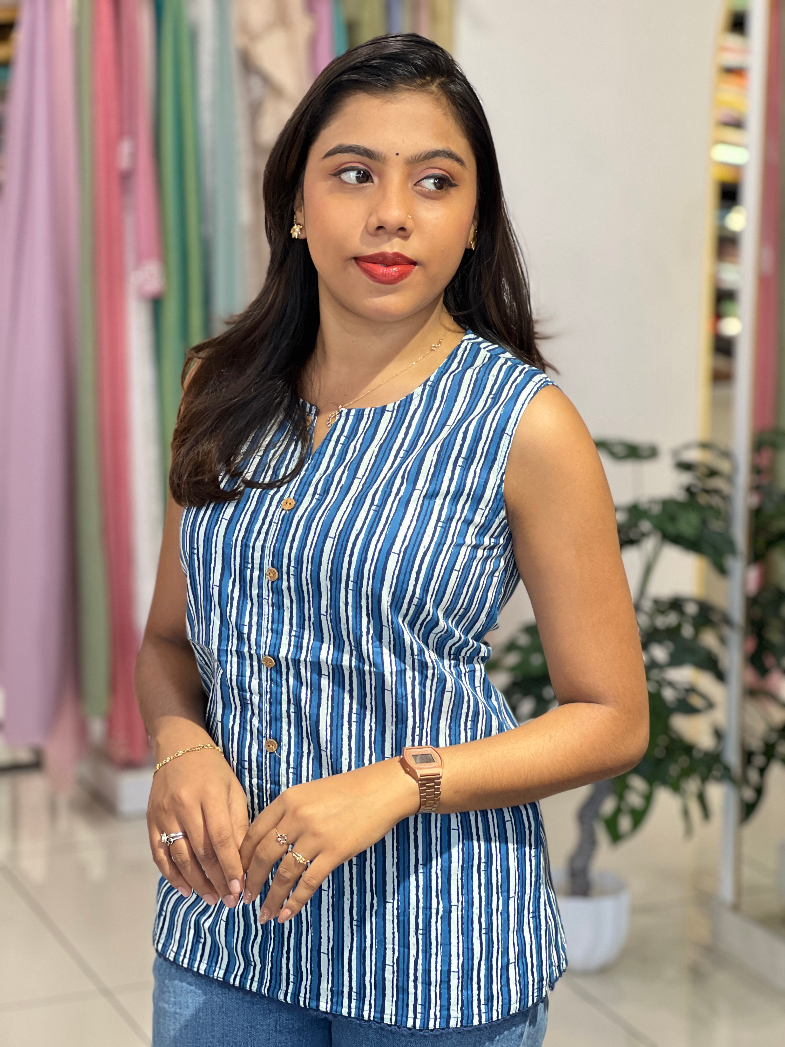Strip Printed Cotton Short Kurta |OMF174