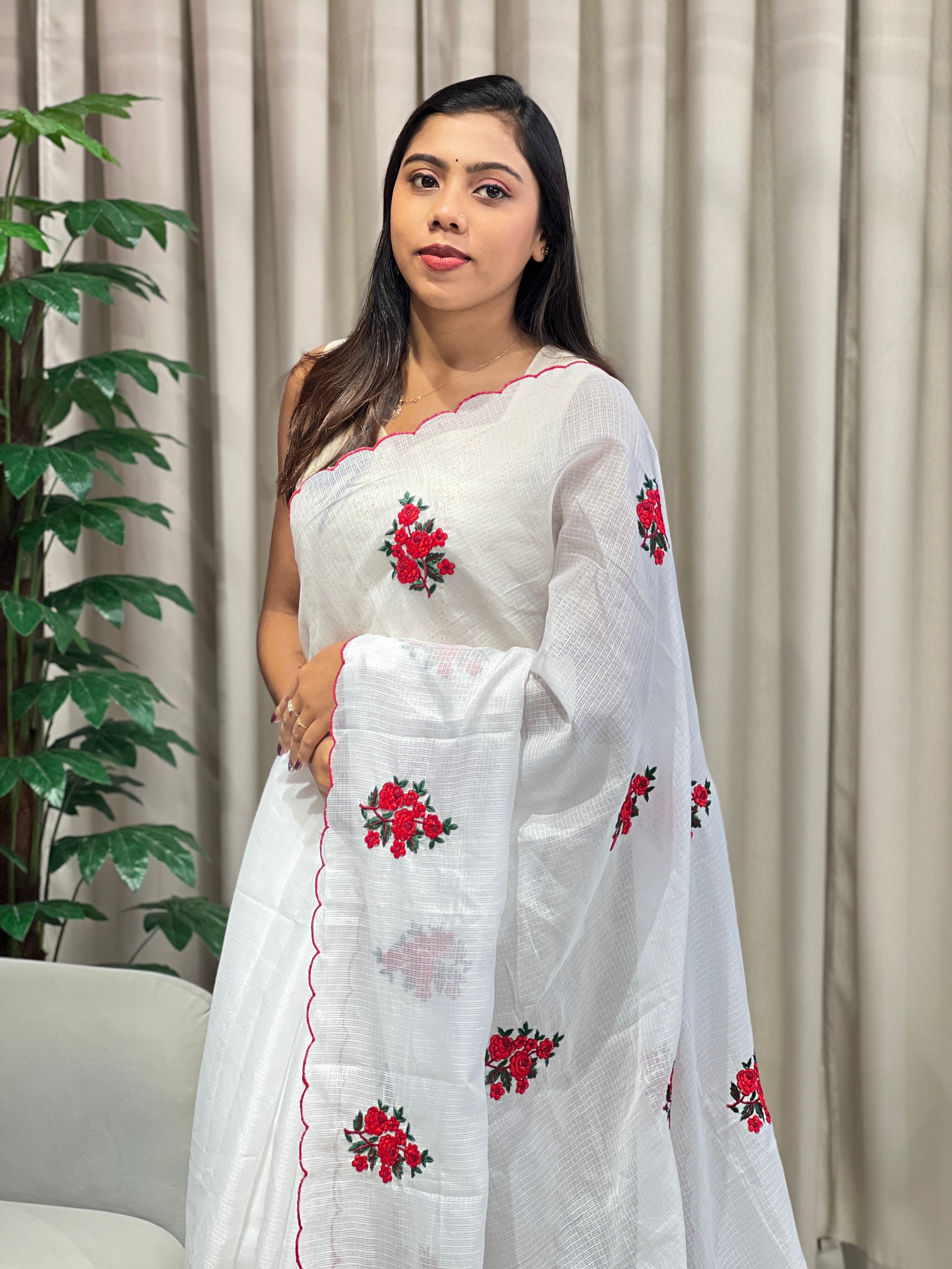 Floral Machine Embroidery Detailed Silky Kota Saree | HT344