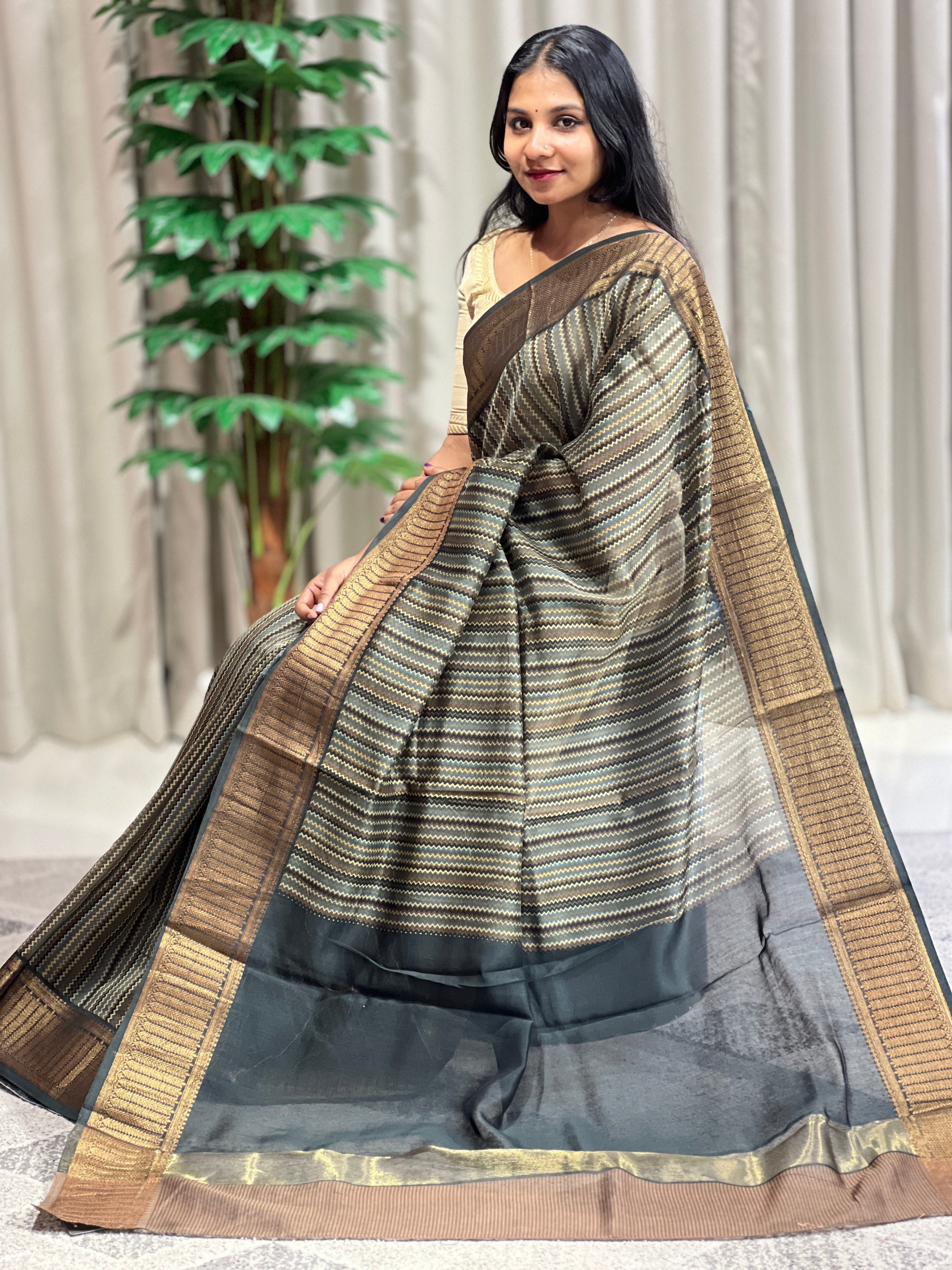 Zig Zag Print Patterned Chanderi Saree | RGD171