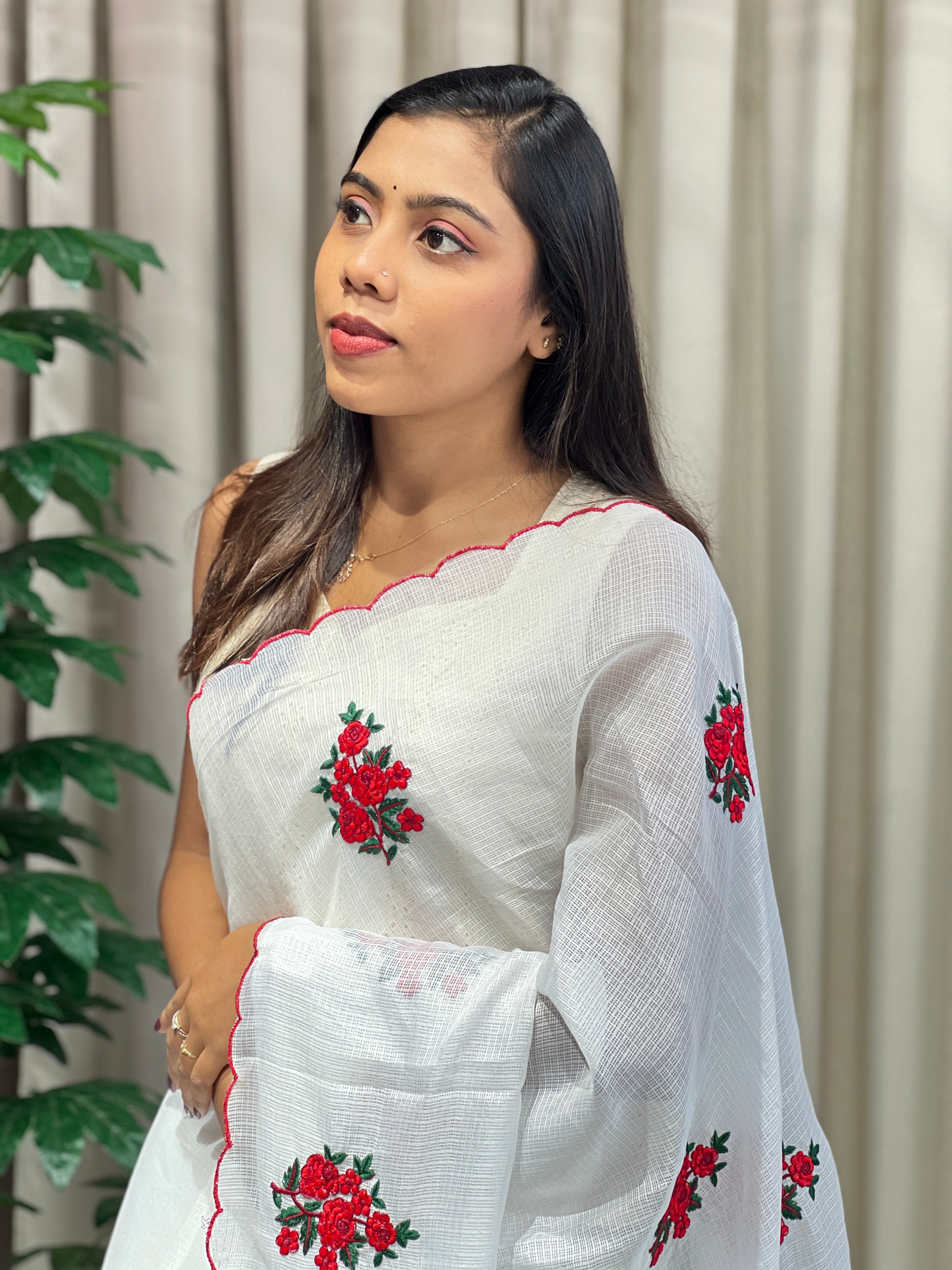 Floral Machine Embroidery Detailed Silky Kota Saree | HT344