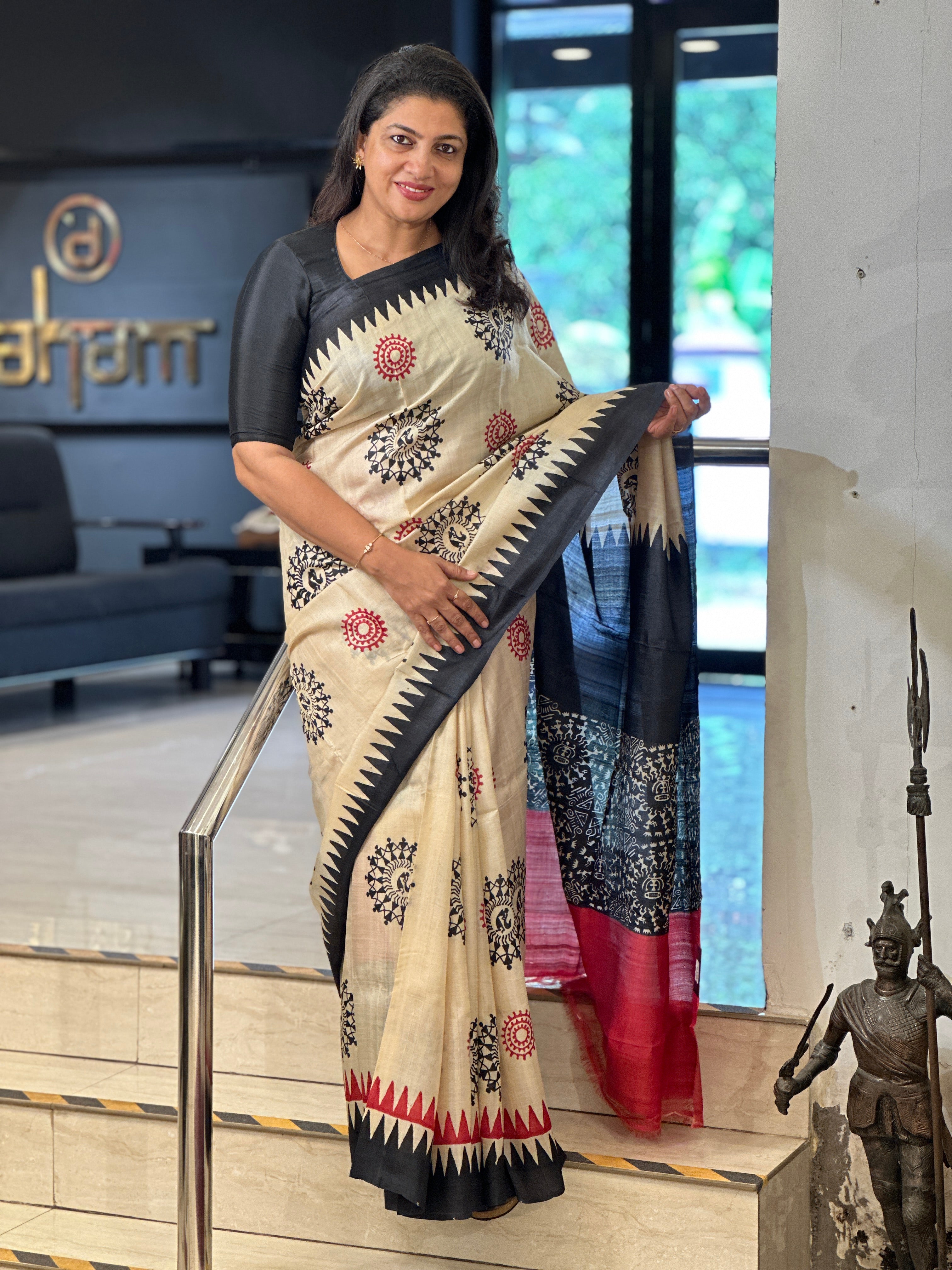 Hand Block Warli Printed Pure Desi Tussar Saree | AYD176