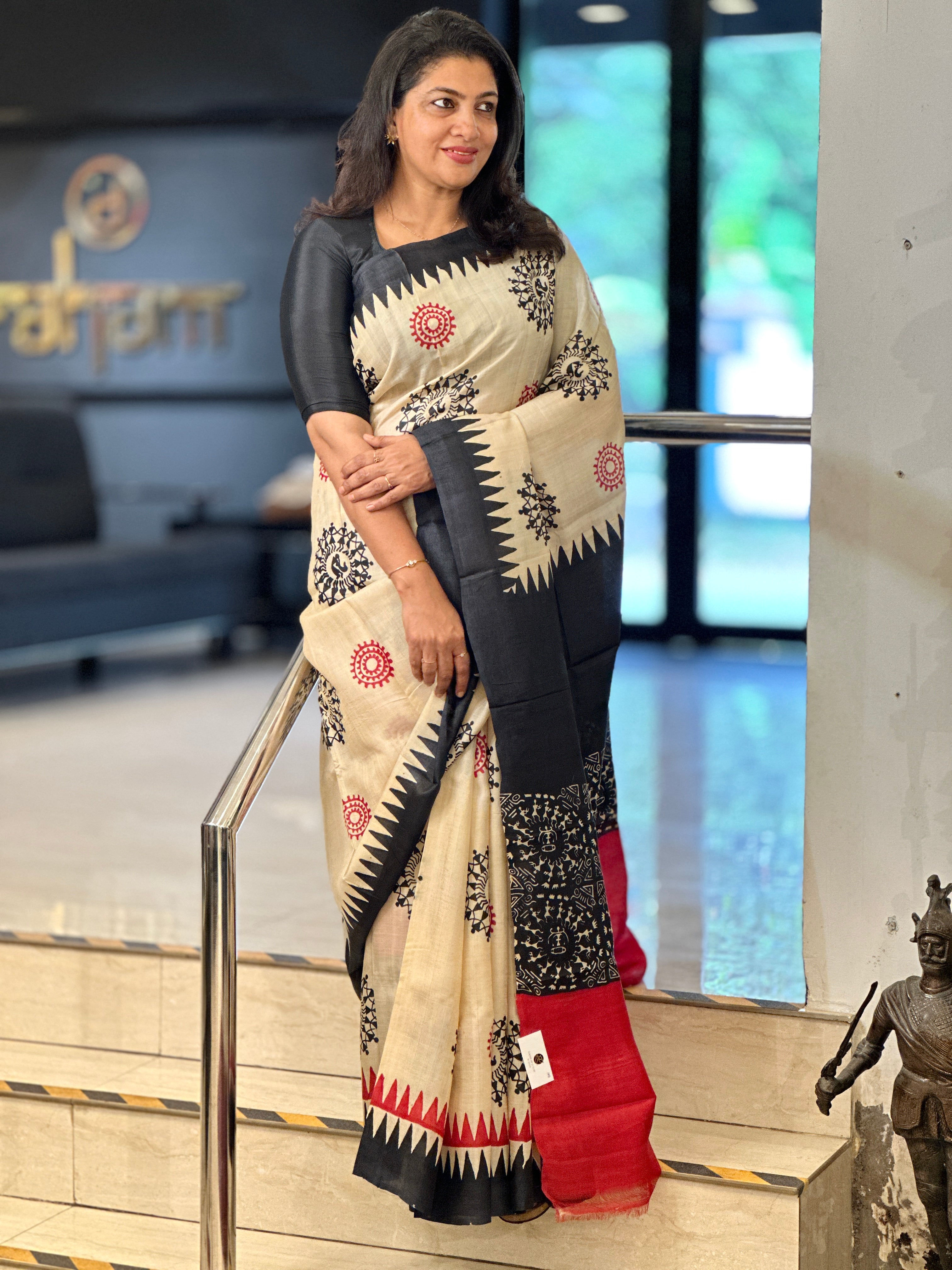 Hand Block Warli Printed Pure Desi Tussar Saree | AYD176