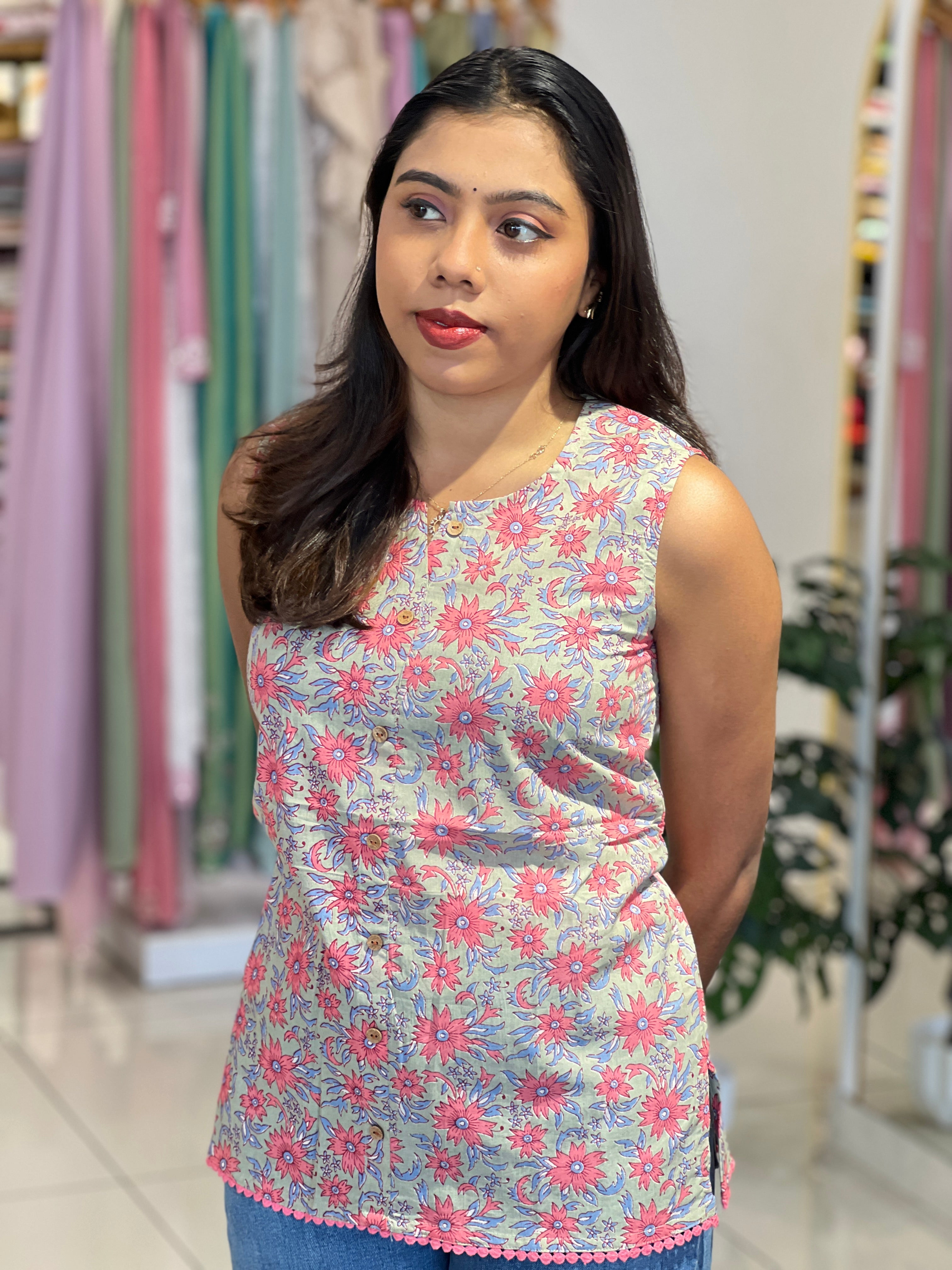 Floral Printed Cotton Short Kurta |OMF177