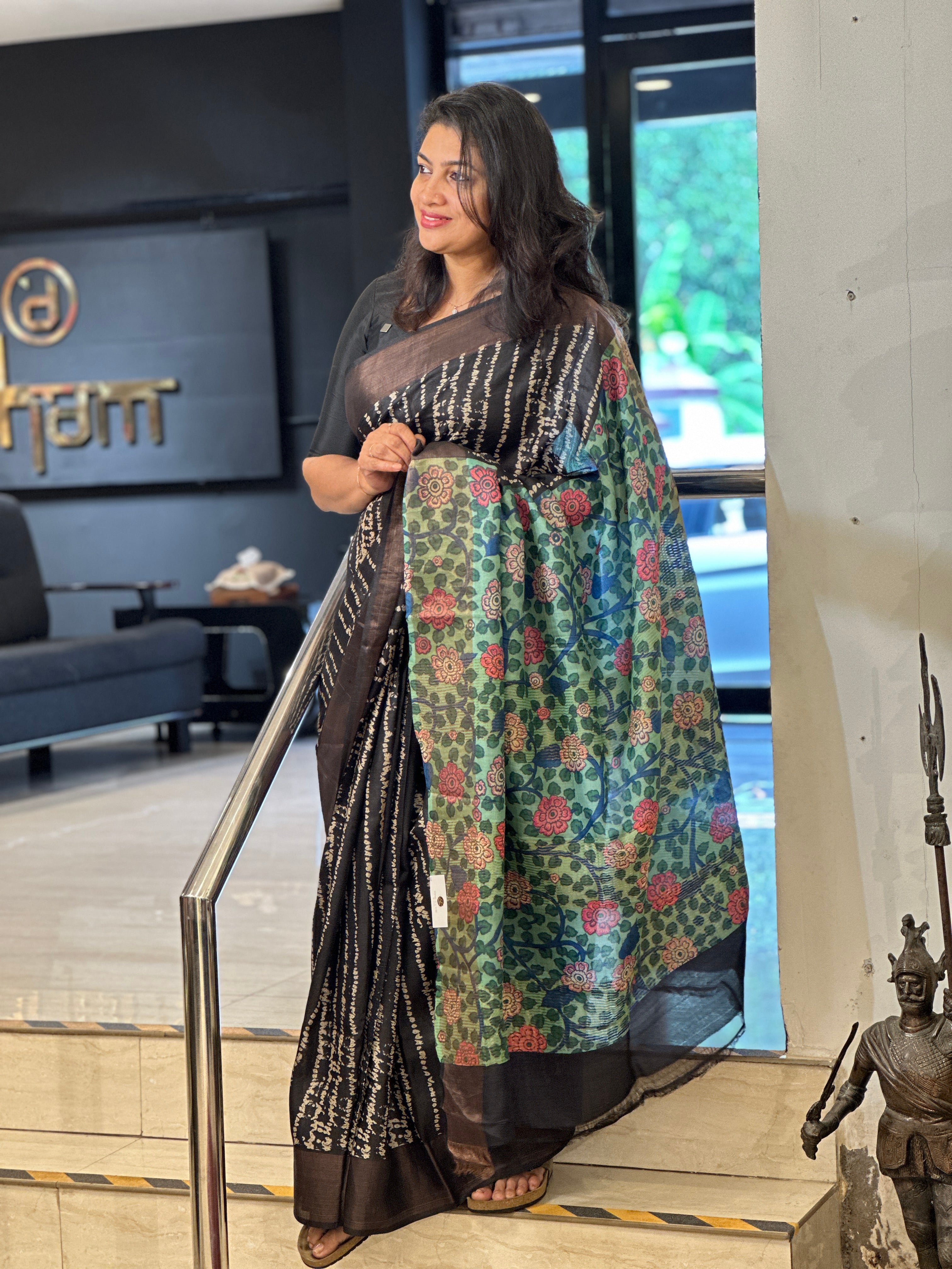 Discharge With Kalamkari Printed Pure Tussar Saree | AYD193