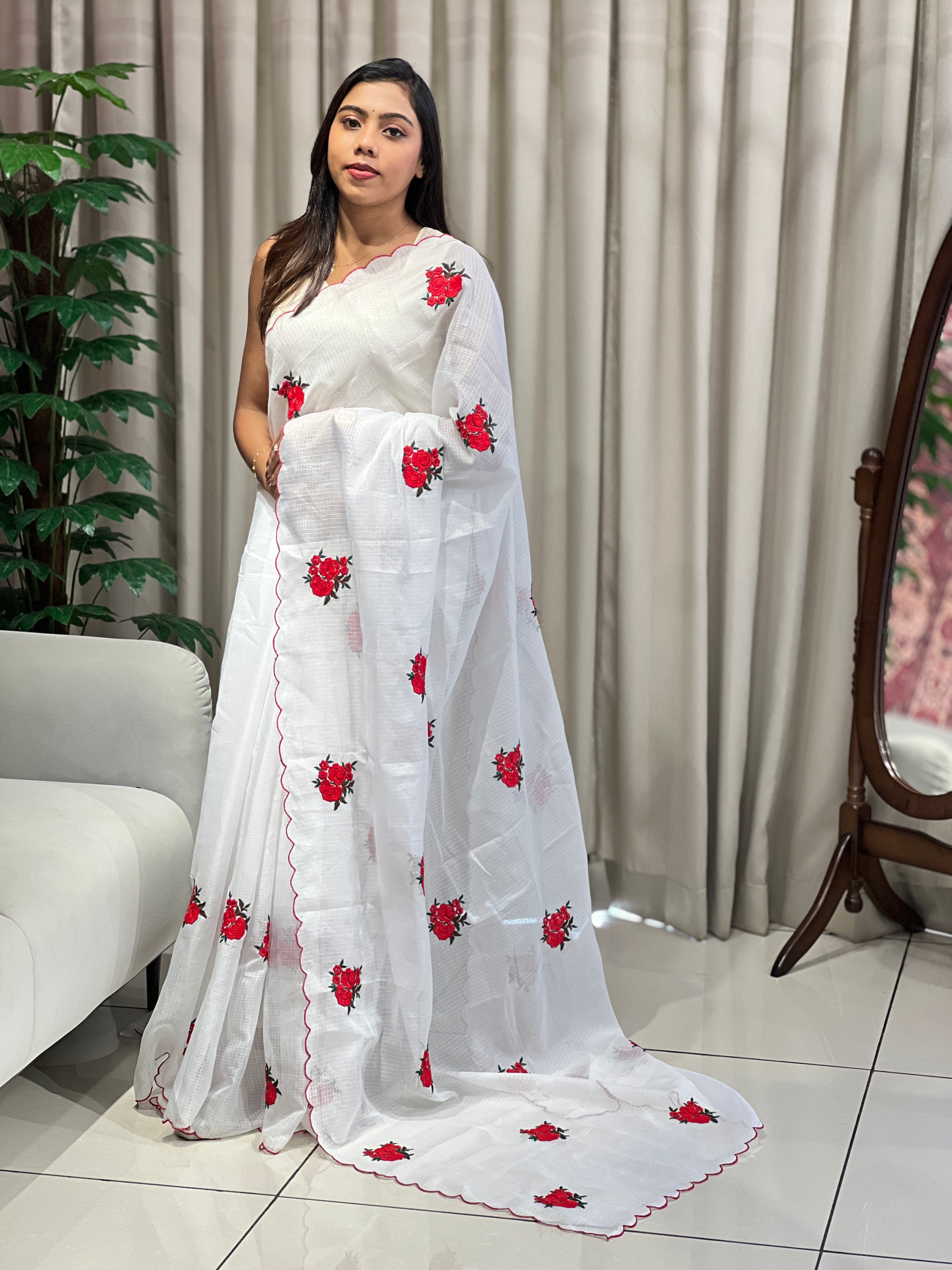 Floral Machine Embroidery Detailed Silky Kota Saree | HT342