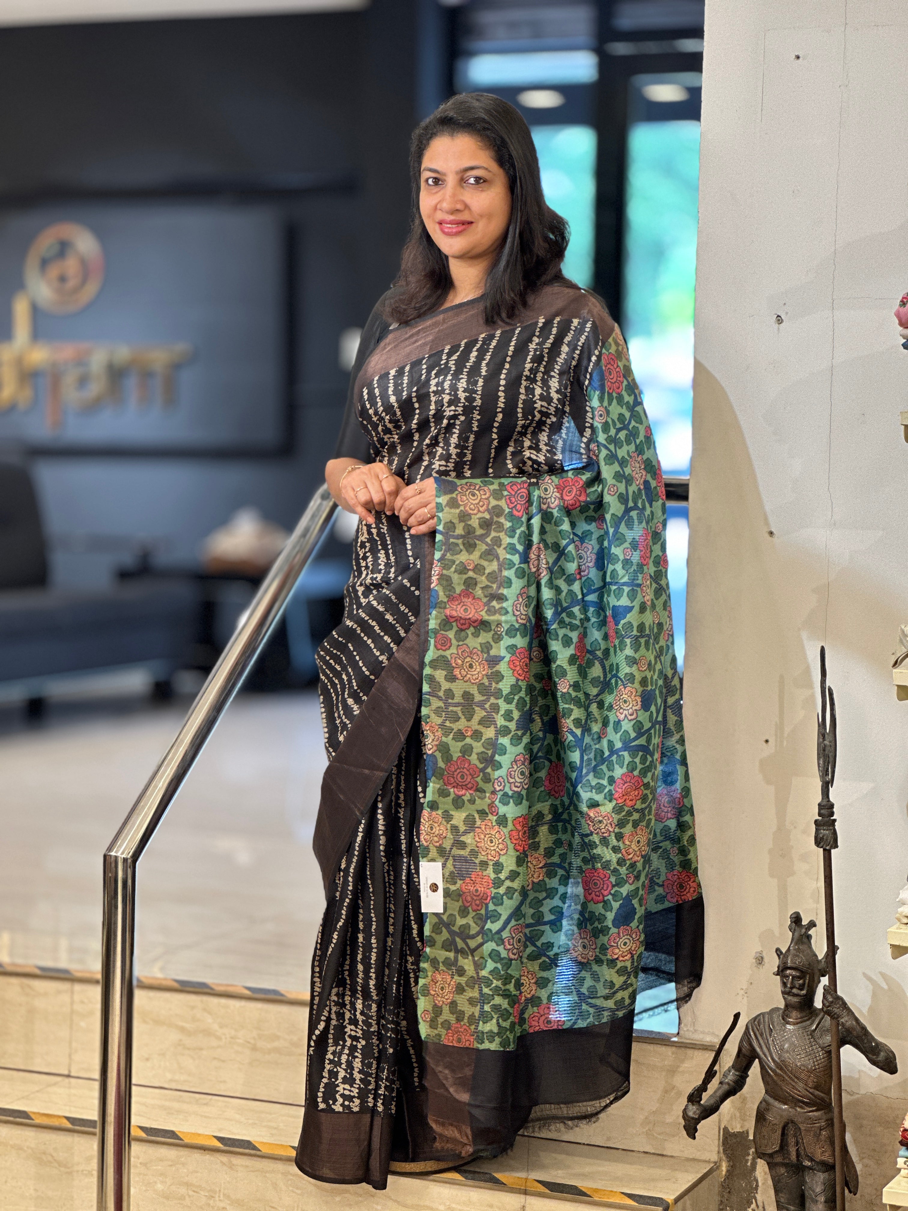 Discharge With Kalamkari Printed Pure Tussar Saree | AYD193