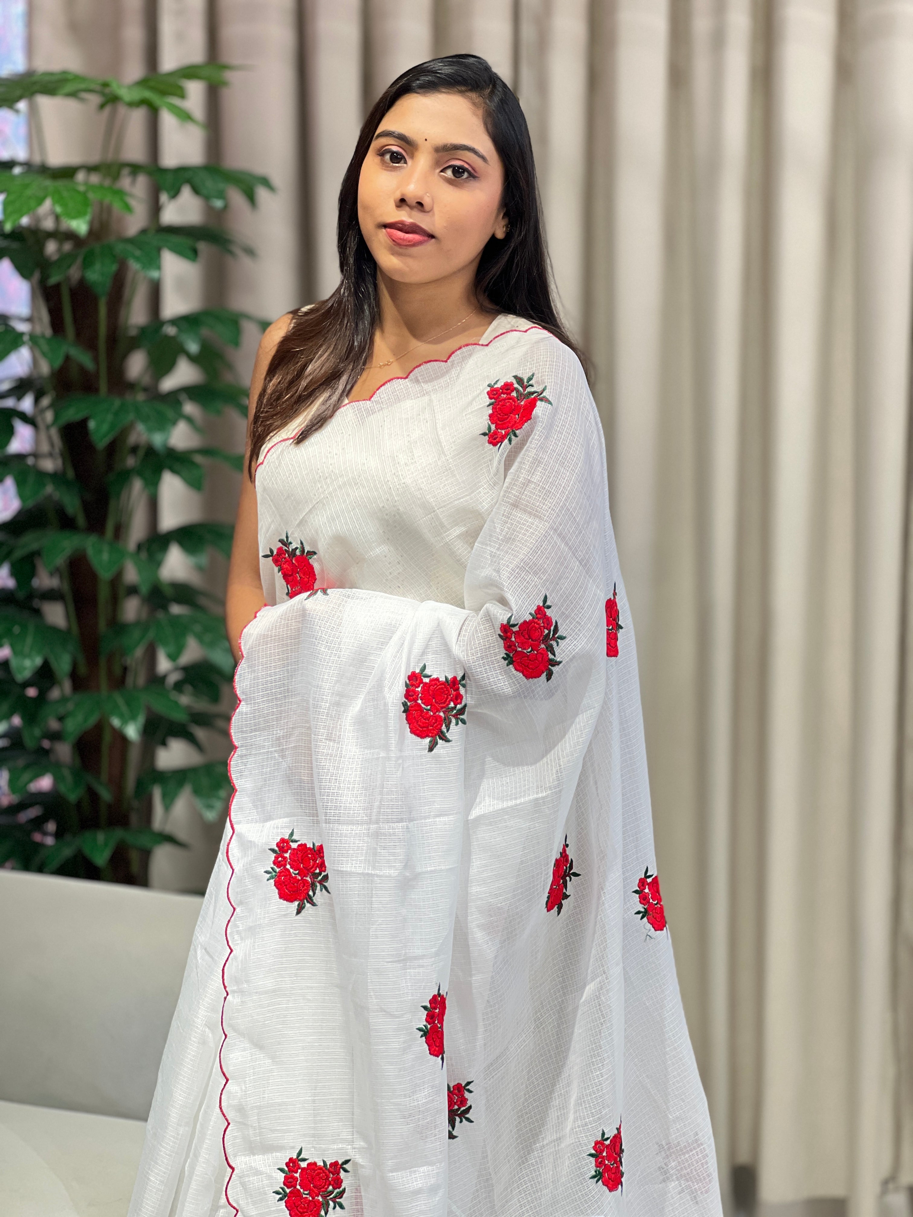 Floral Machine Embroidery Detailed Silky Kota Saree | HT342