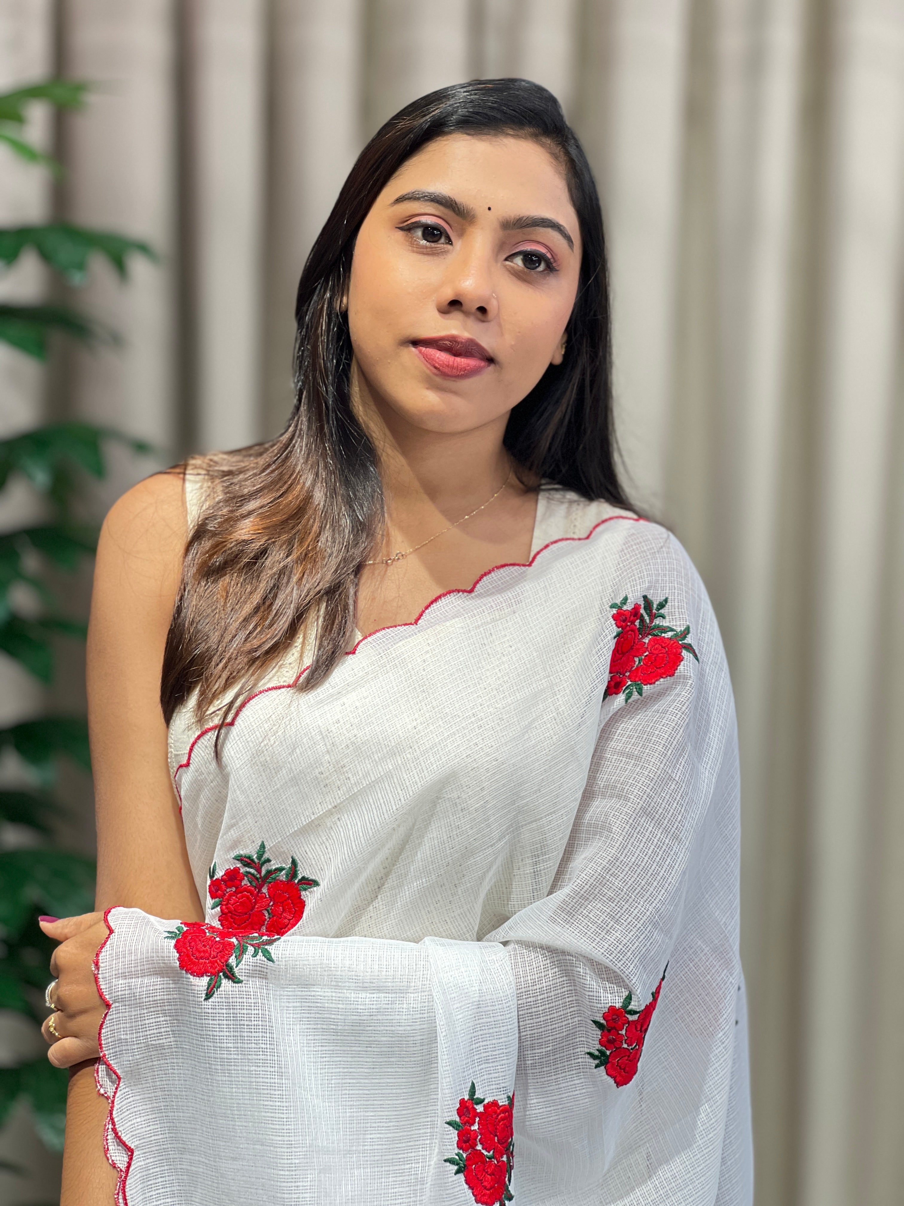 Floral Machine Embroidery Detailed Silky Kota Saree | HT342