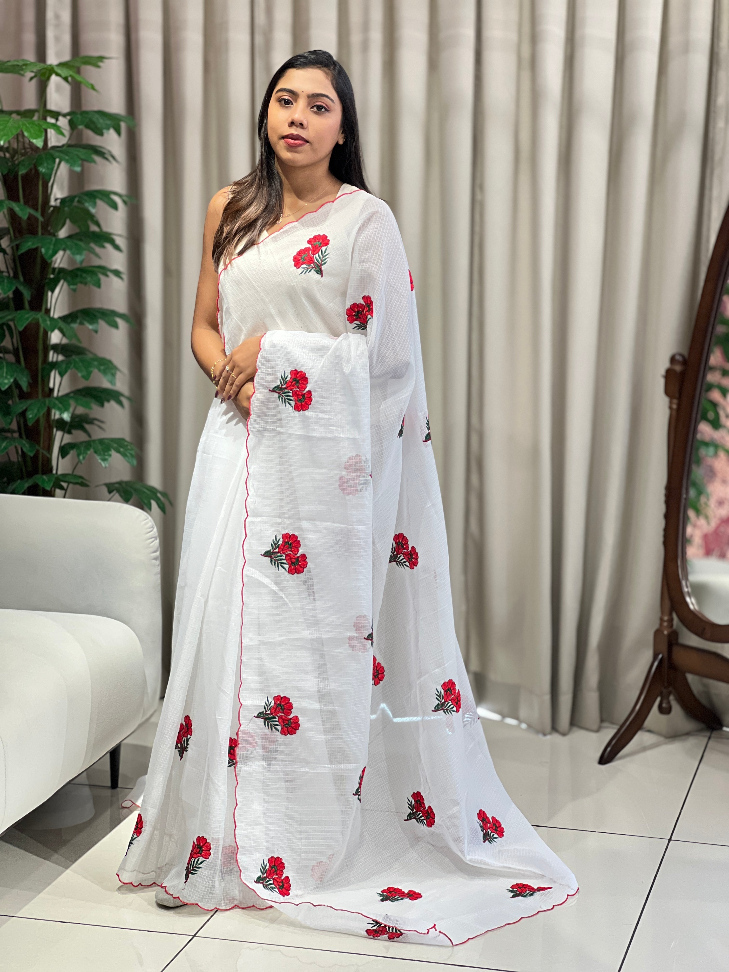 Floral Machine Embroidery Detailed Silky Kota Saree | HT341