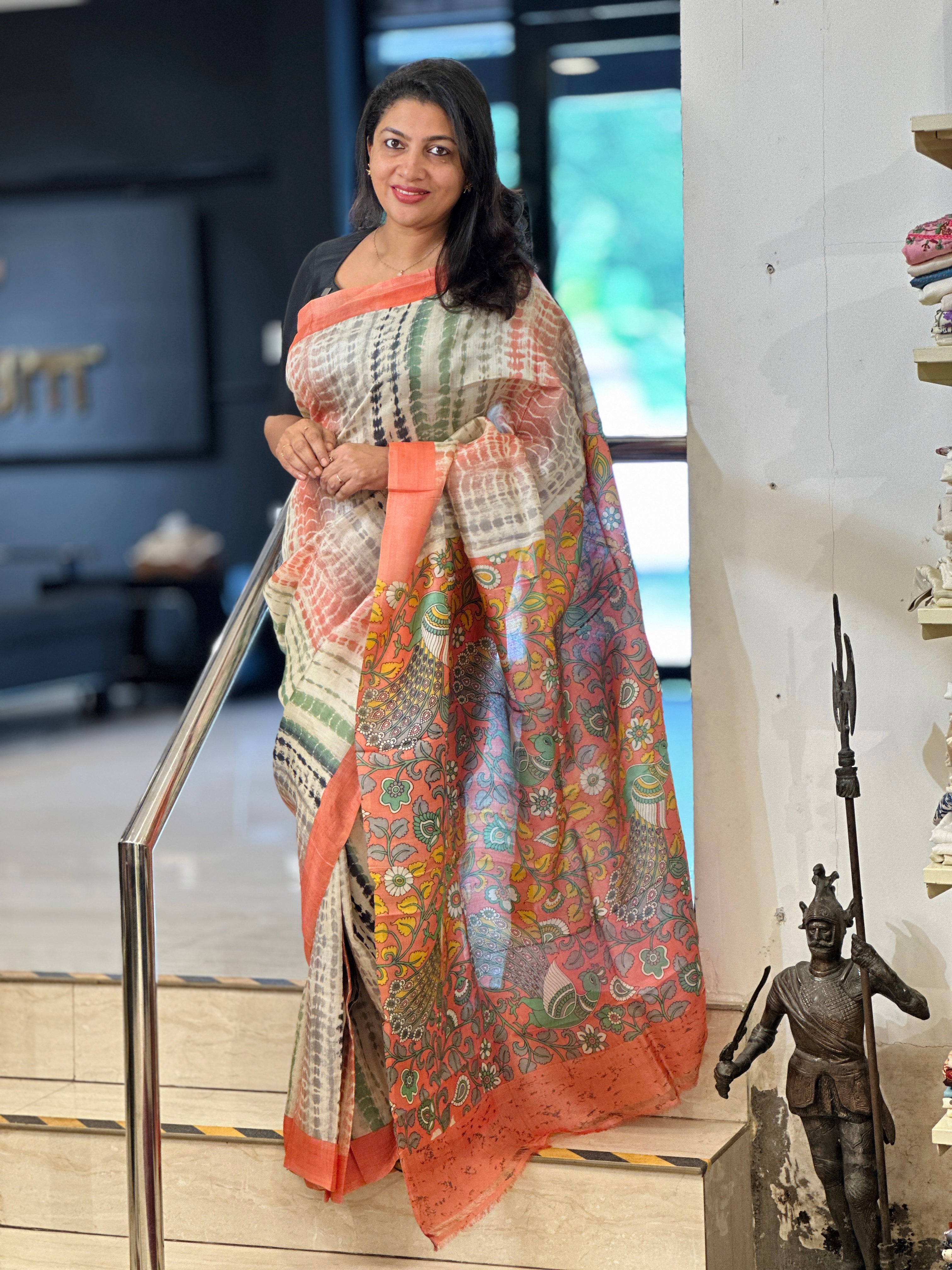 Shibori With Kalamkari Print Detailed Desi Tussar Saree | AYD192