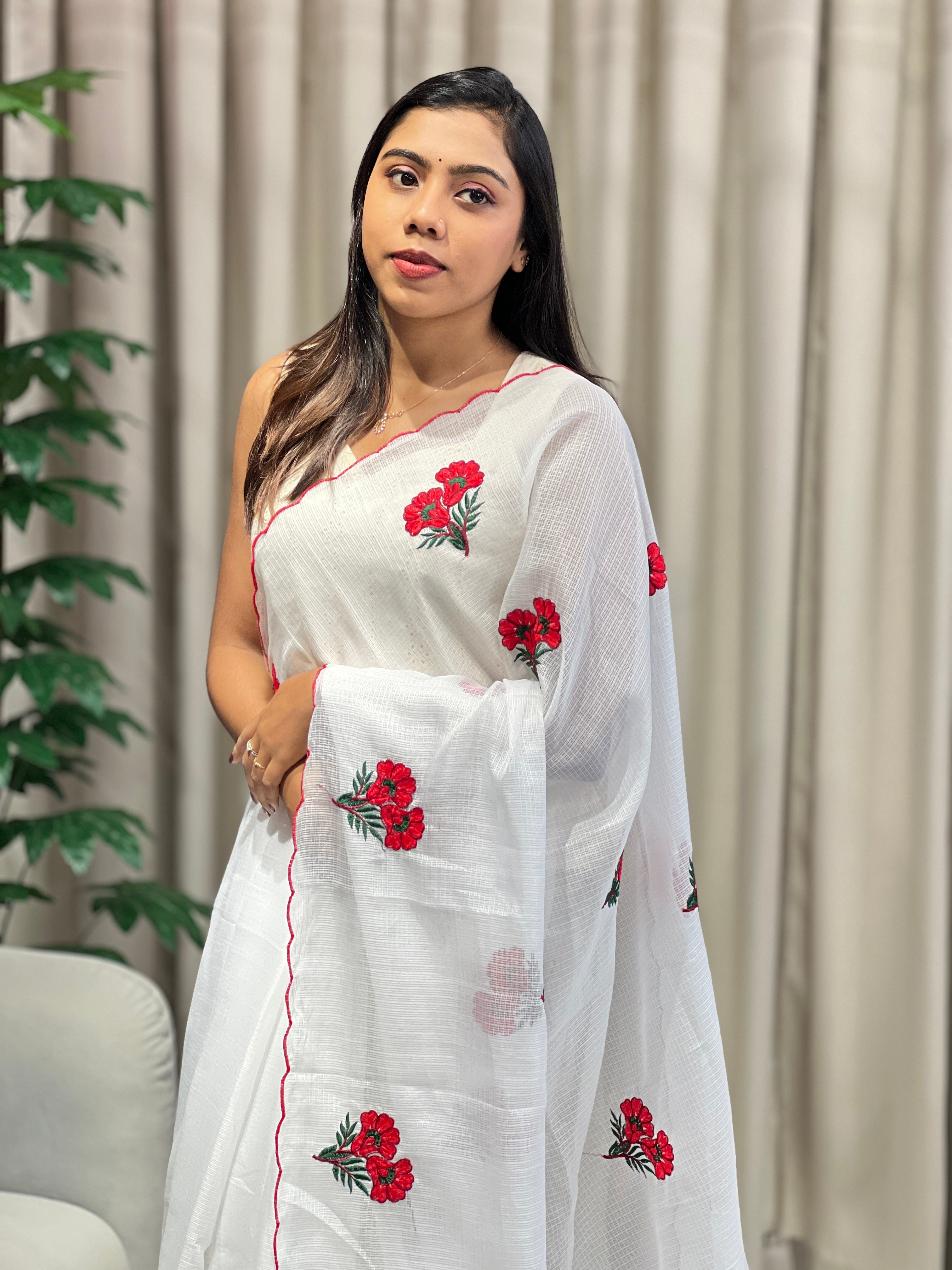 Floral Machine Embroidery Detailed Silky Kota Saree | HT341