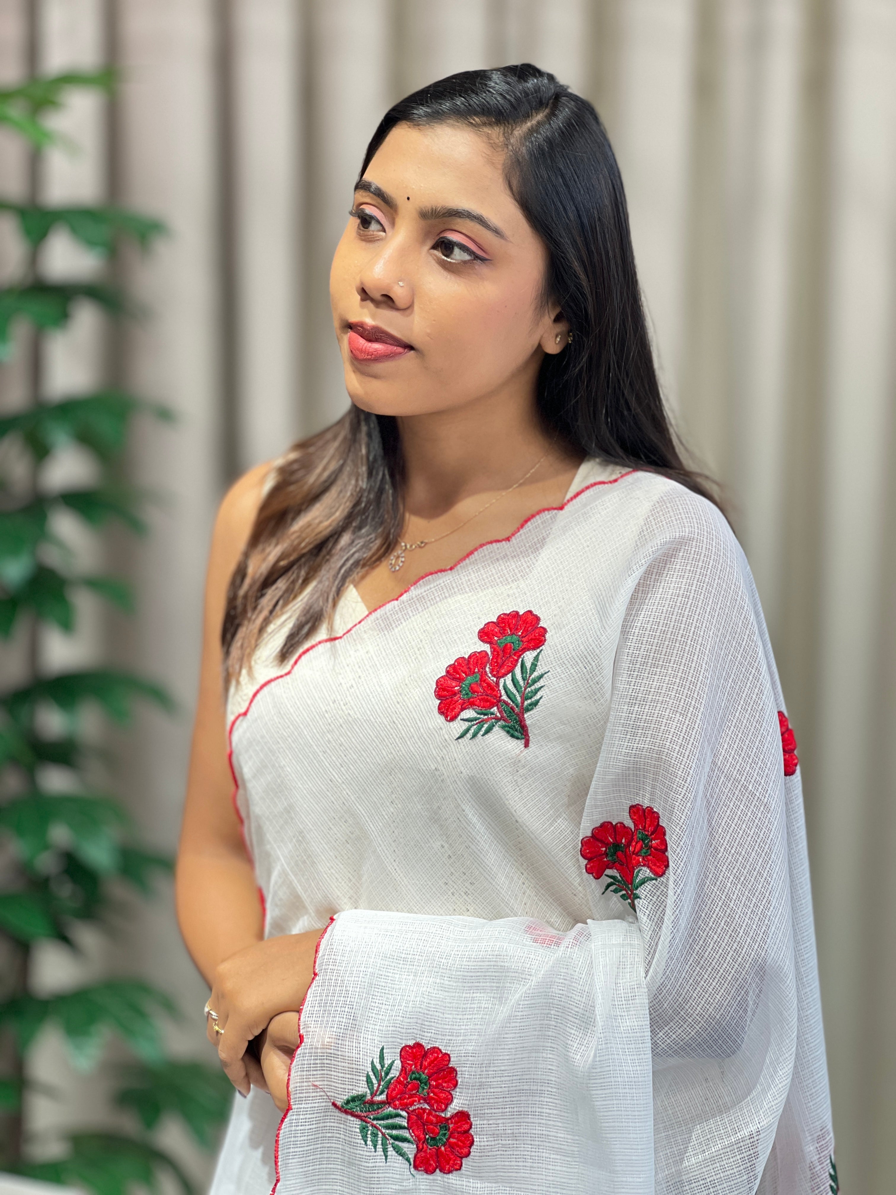 Floral Machine Embroidery Detailed Silky Kota Saree | HT341