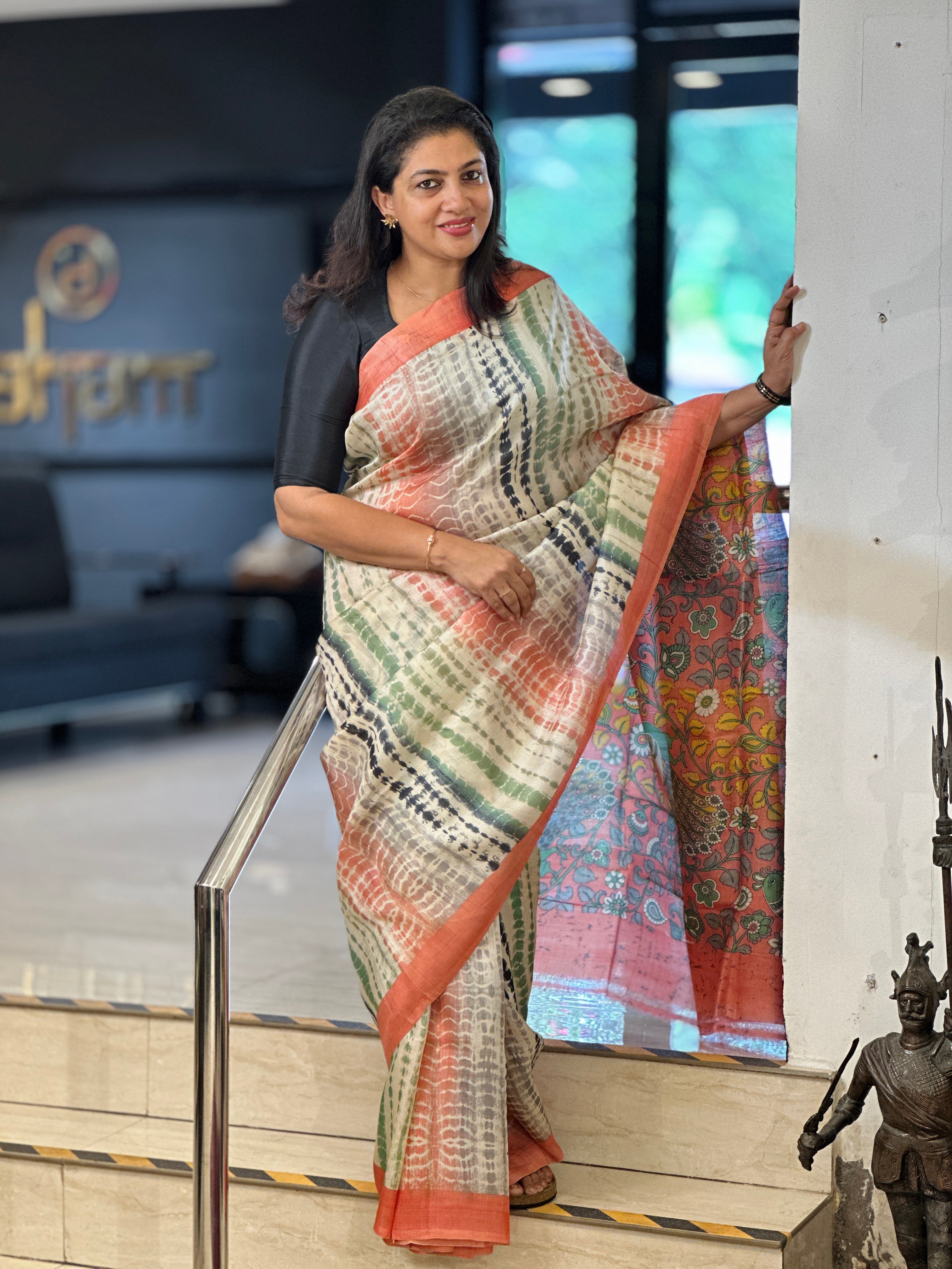 Shibori With Kalamkari Print Detailed Desi Tussar Saree | AYD192