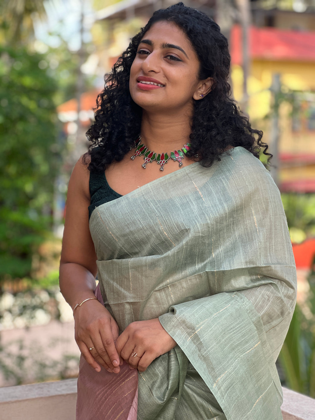 Sequence Weaving Pattern & Lurex Golden Yarns Bhagalpuri Linen Saree | DLS185