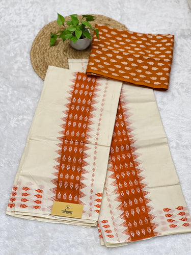 Block Print Detailed Kerala Cotton Set Mundu | GAT369