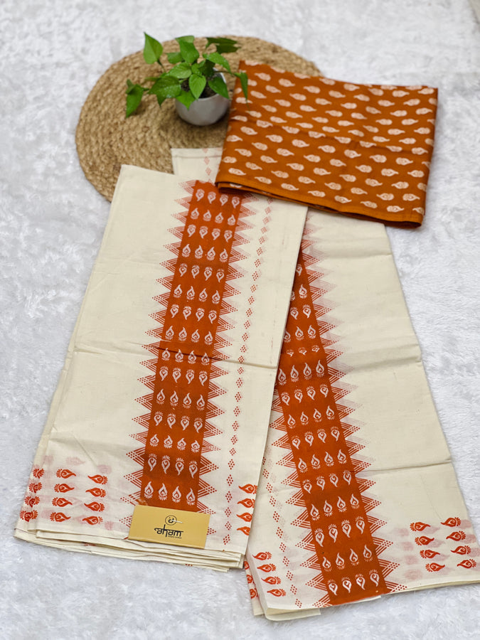 Block Print Detailed Kerala Cotton Set Mundu | GAT369
