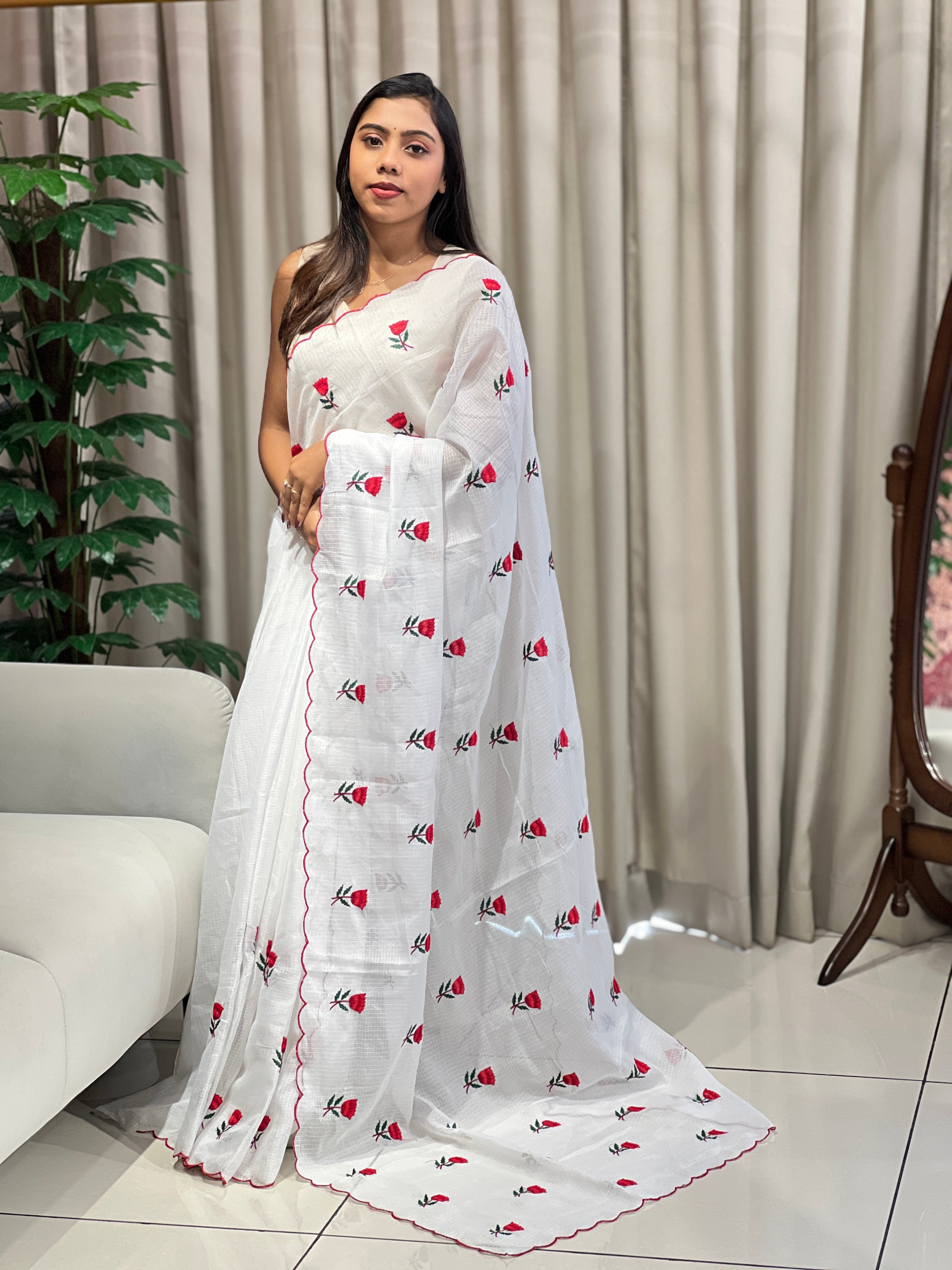 Floral Machine Embroidery Detailed Silky Kota Saree | HT343